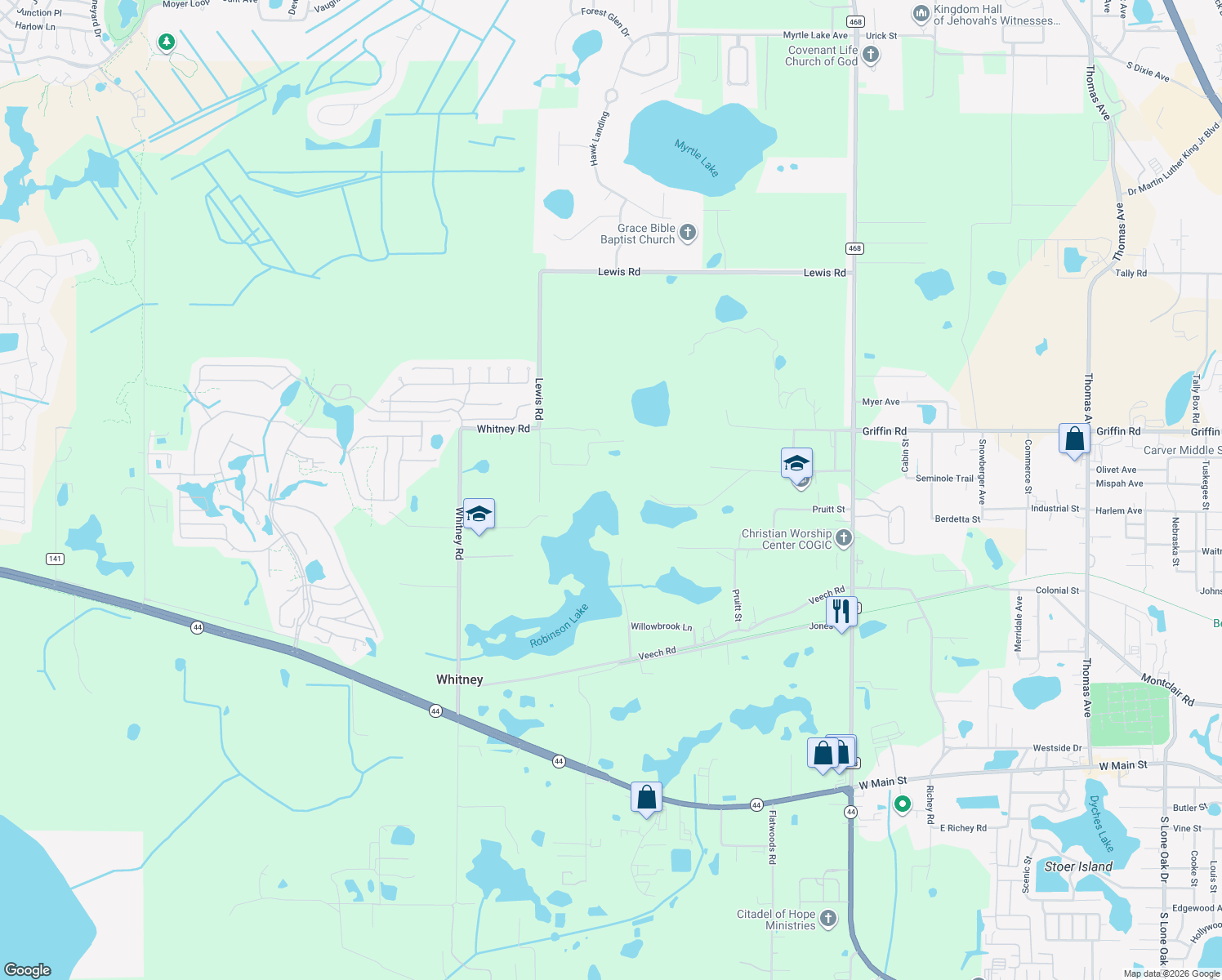 map of restaurants, bars, coffee shops, grocery stores, and more near 1440 Selman Road in Leesburg