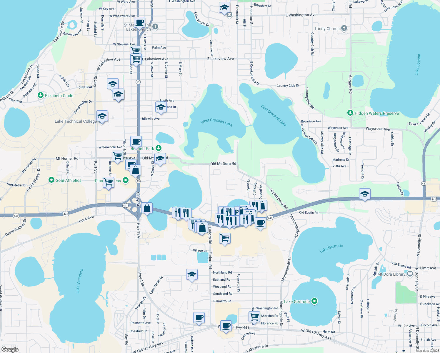 map of restaurants, bars, coffee shops, grocery stores, and more near 1010 Woodward Oaks Circle in Eustis