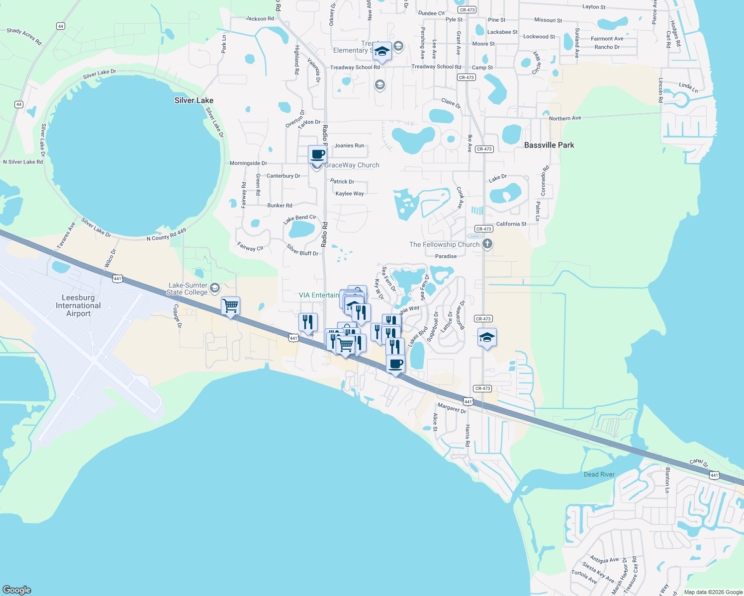 map of restaurants, bars, coffee shops, grocery stores, and more near 21 Key West Court in Leesburg