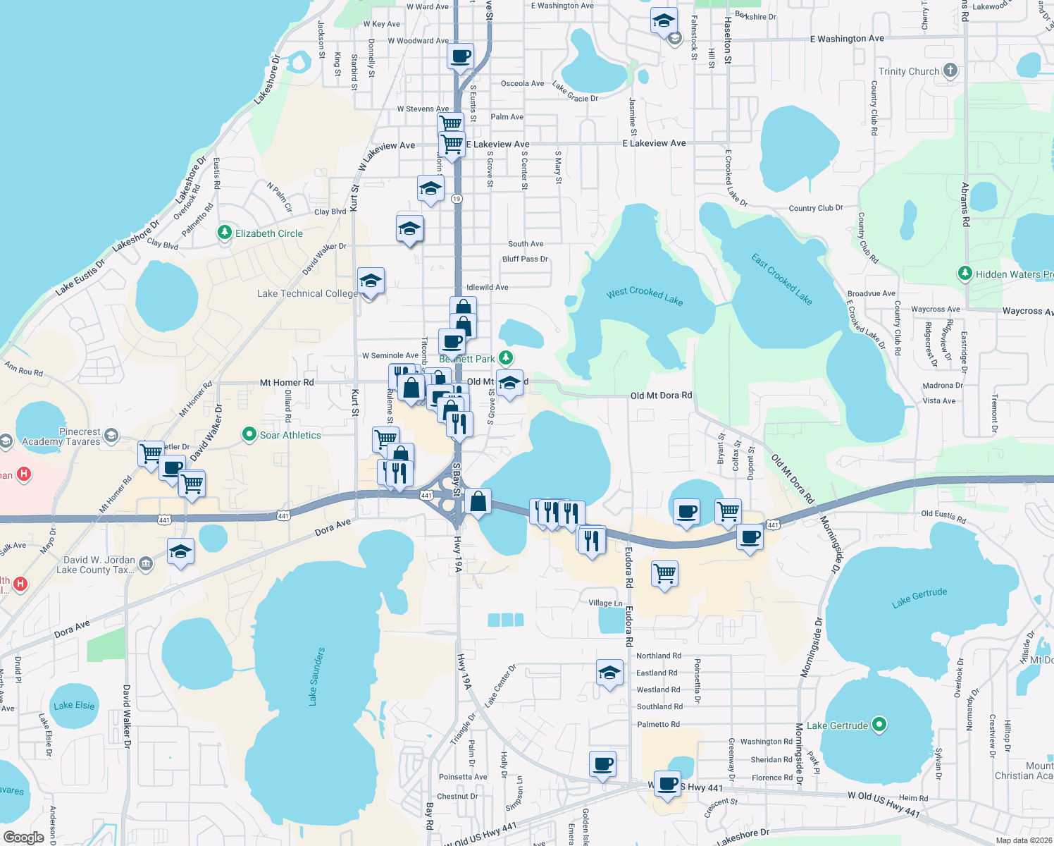 map of restaurants, bars, coffee shops, grocery stores, and more near 43 Cove Lane in Eustis