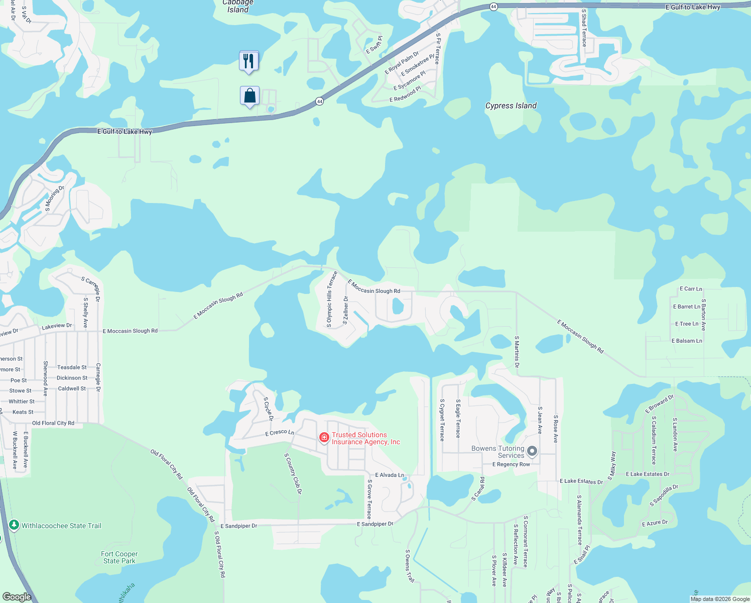 map of restaurants, bars, coffee shops, grocery stores, and more near 9200 East Windwood Loop in Inverness