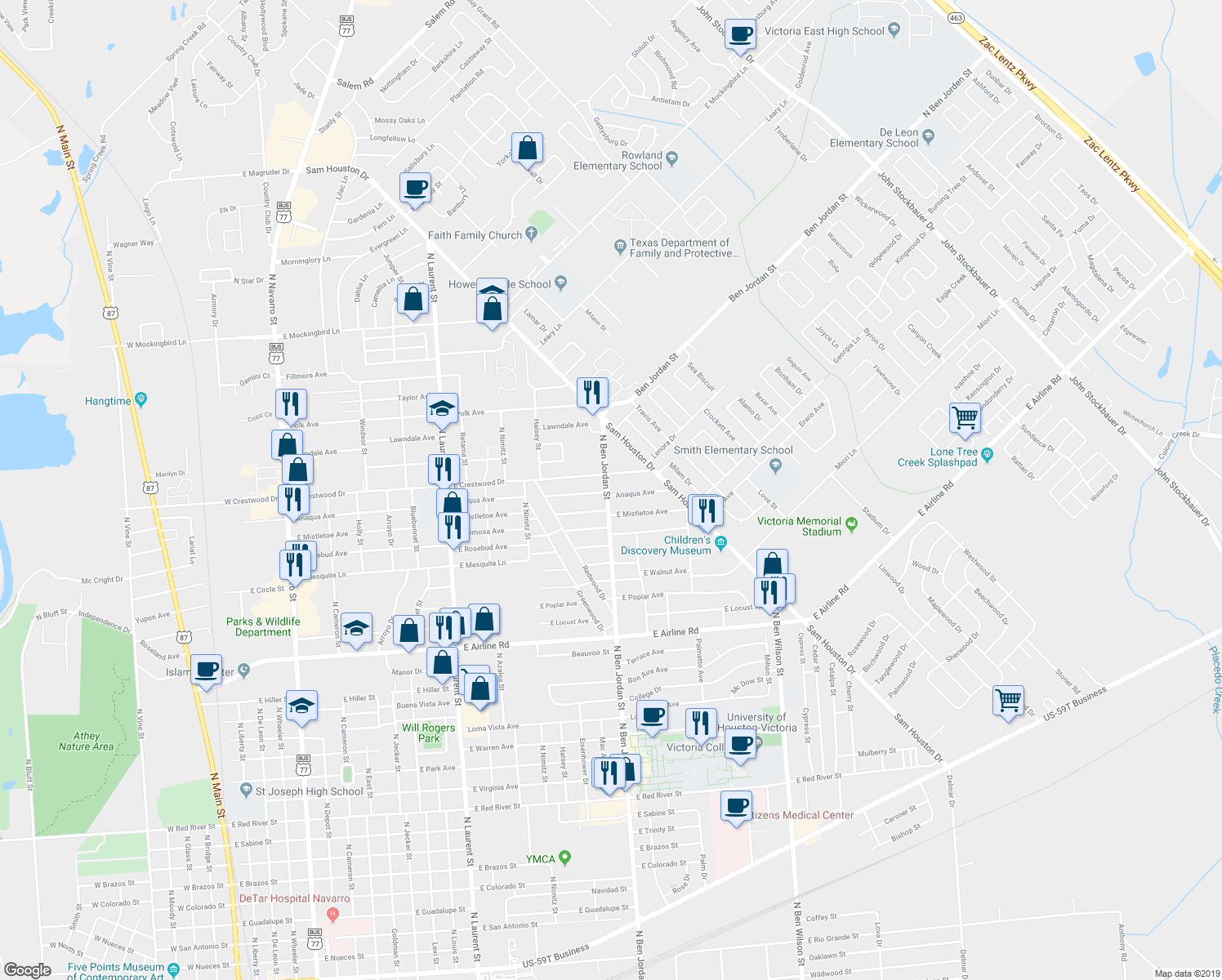 map of restaurants, bars, coffee shops, grocery stores, and more near 2102 Anaqua Avenue in Victoria