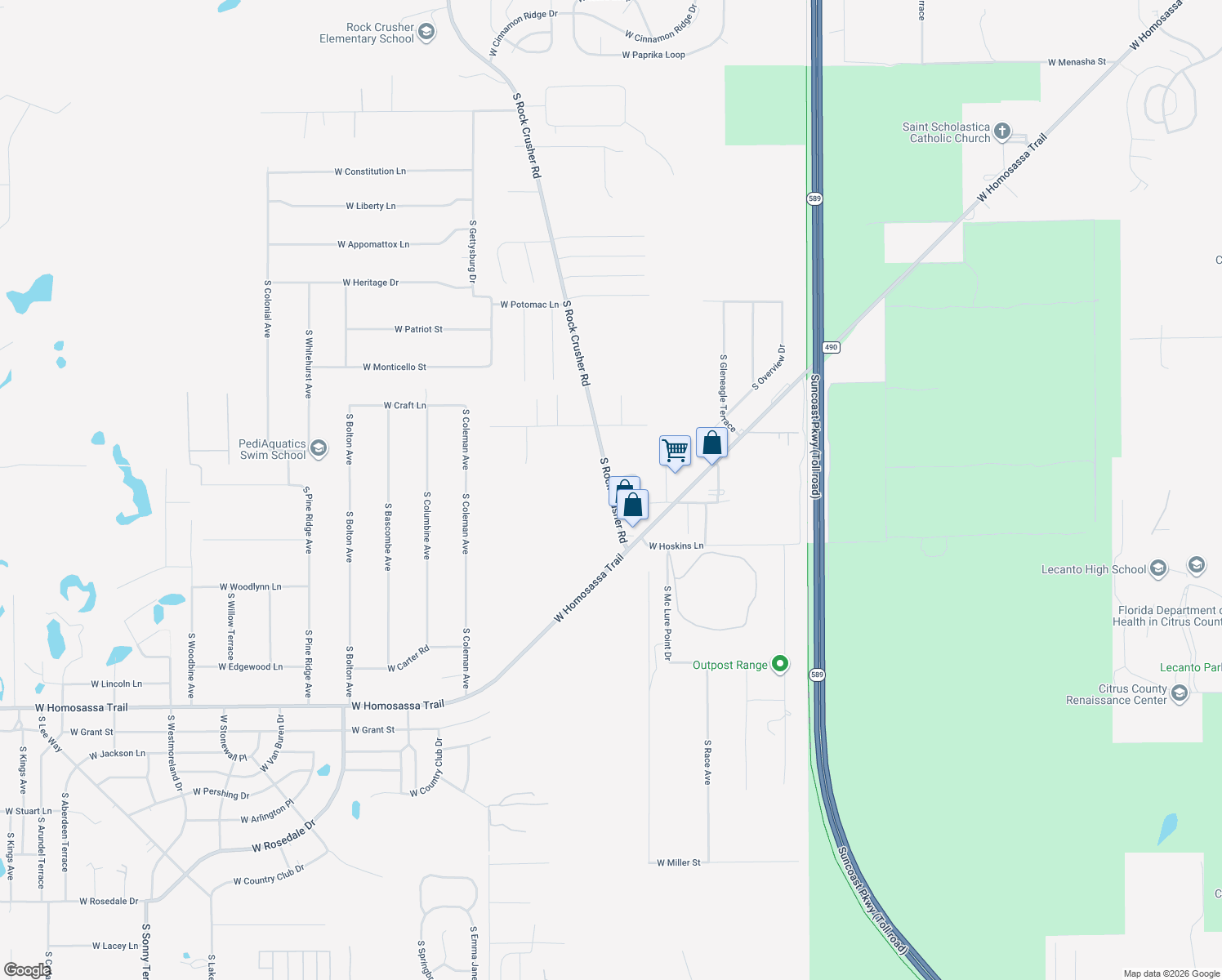 map of restaurants, bars, coffee shops, grocery stores, and more near 2329 South Rock Crusher Road in Homosassa
