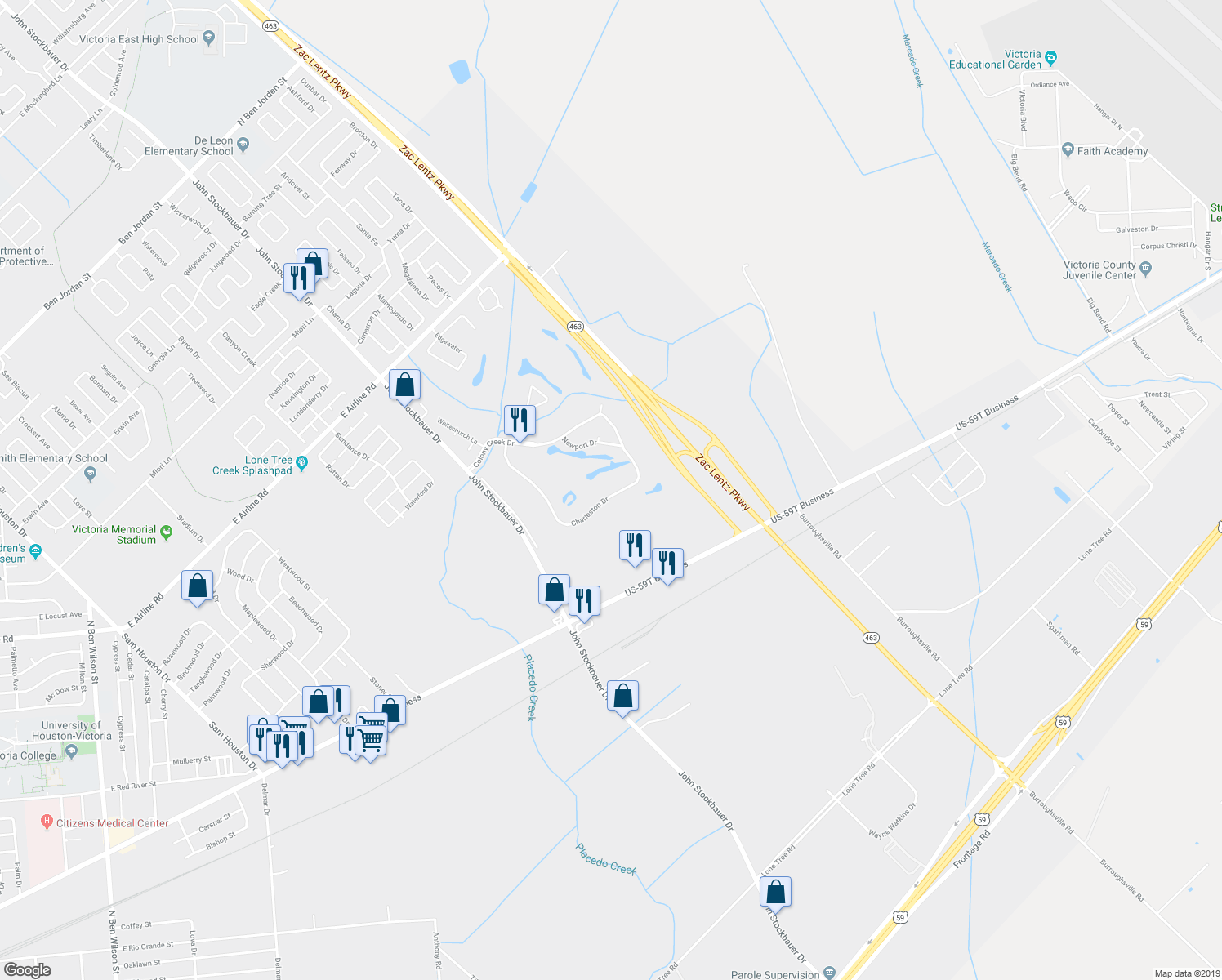 map of restaurants, bars, coffee shops, grocery stores, and more near 504 Charleston Drive in Victoria