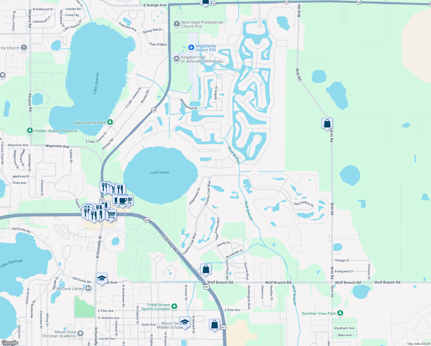 map of restaurants, bars, coffee shops, grocery stores, and more near 1751 Country Club Boulevard in Mount Dora