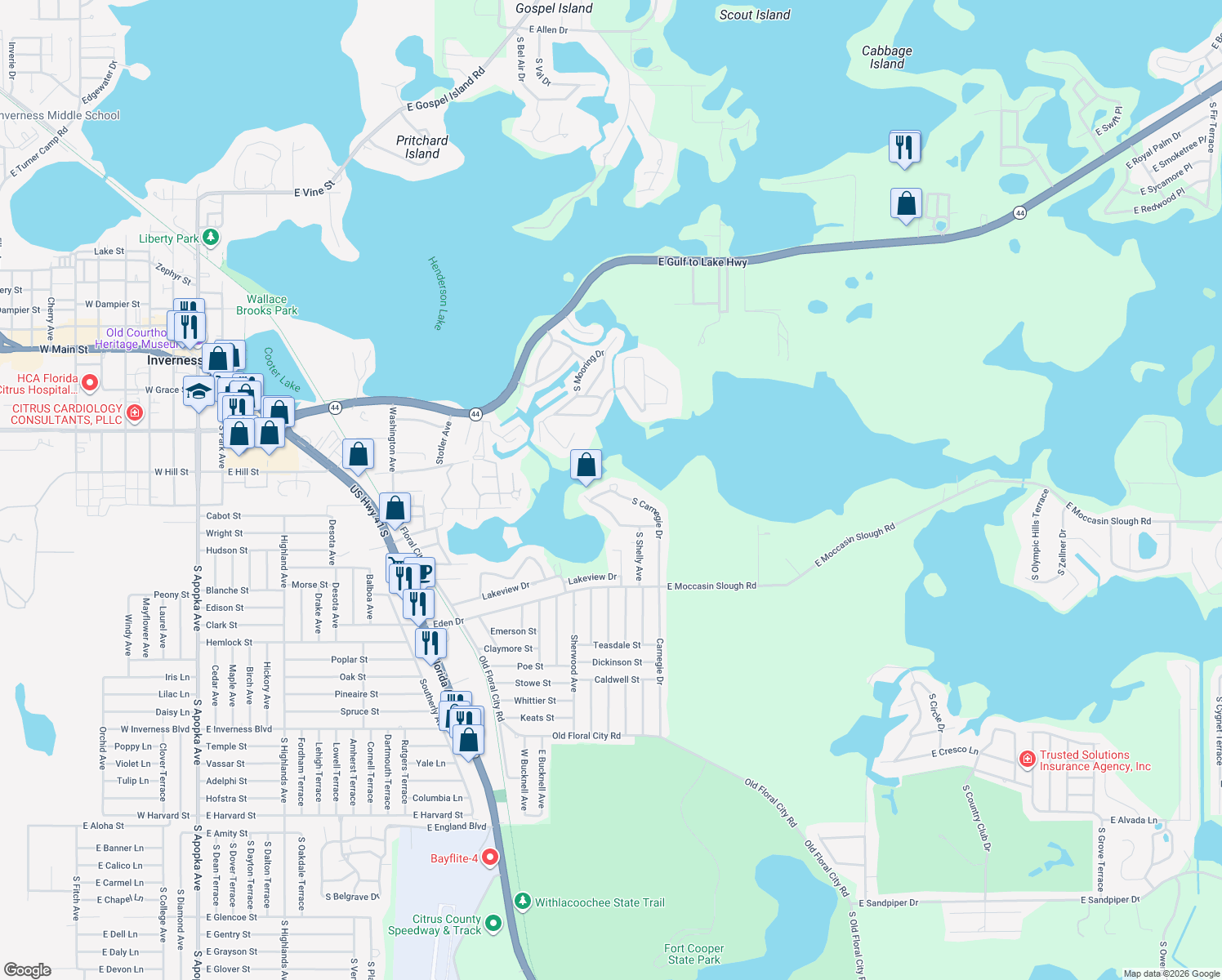 map of restaurants, bars, coffee shops, grocery stores, and more near 2215 South Carnegie Drive in Inverness