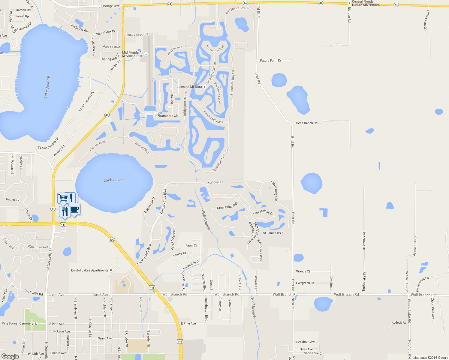 map of restaurants, bars, coffee shops, grocery stores, and more near 3035 Andover Court in Mount Dora