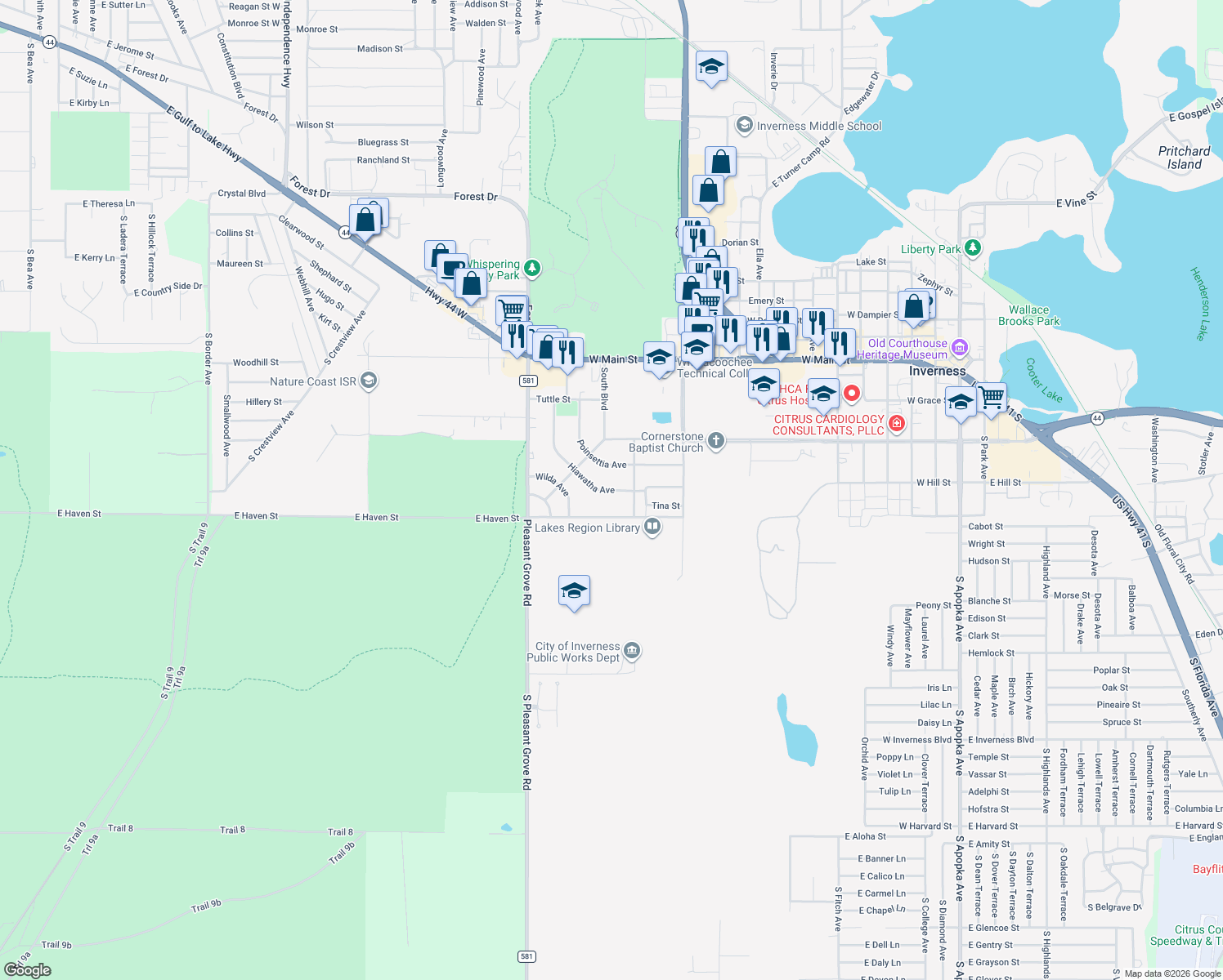 map of restaurants, bars, coffee shops, grocery stores, and more near 422 Hiawatha Avenue in Inverness