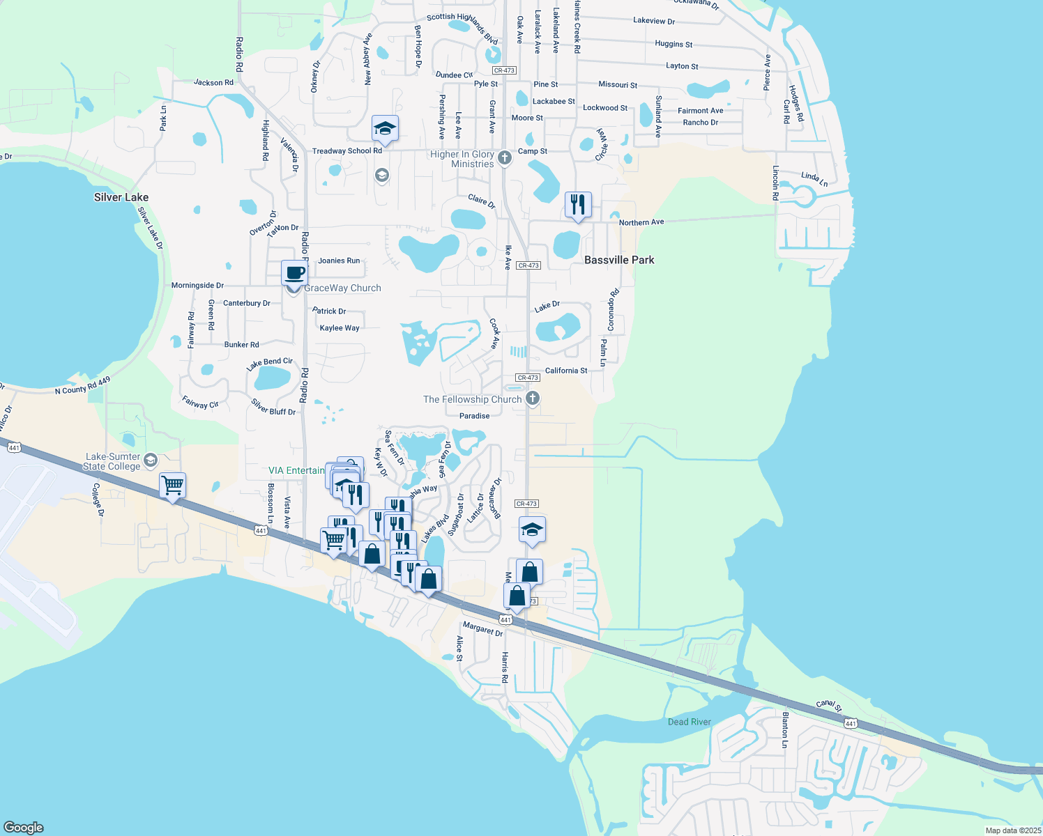 map of restaurants, bars, coffee shops, grocery stores, and more near 33007 County Road 473 in Leesburg