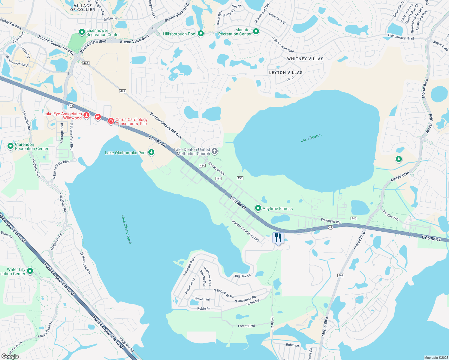 map of restaurants, bars, coffee shops, grocery stores, and more near 5068 County Road 159 in Wildwood