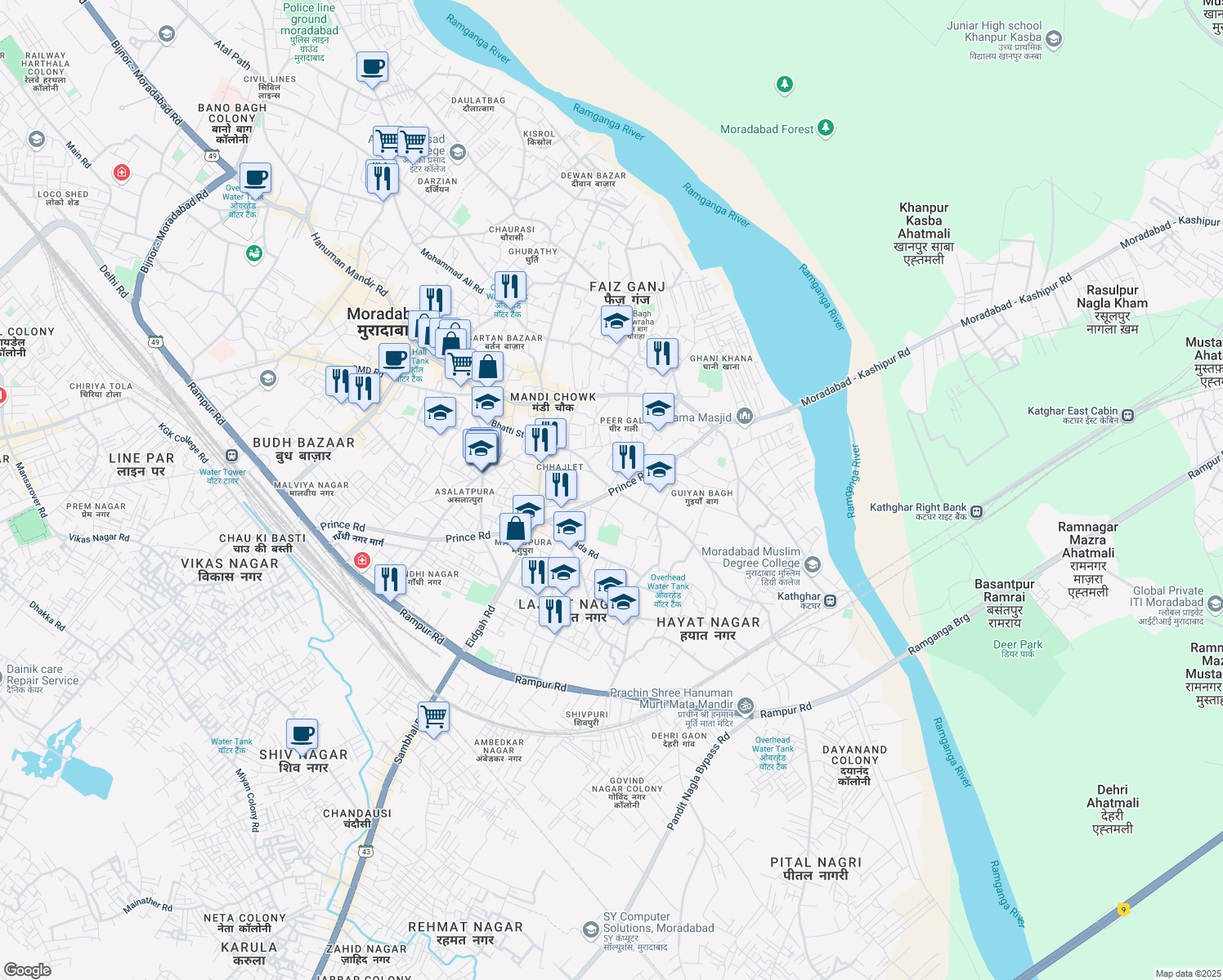 map of restaurants, bars, coffee shops, grocery stores, and more near Indira Chowk Prince Road in Moradabad