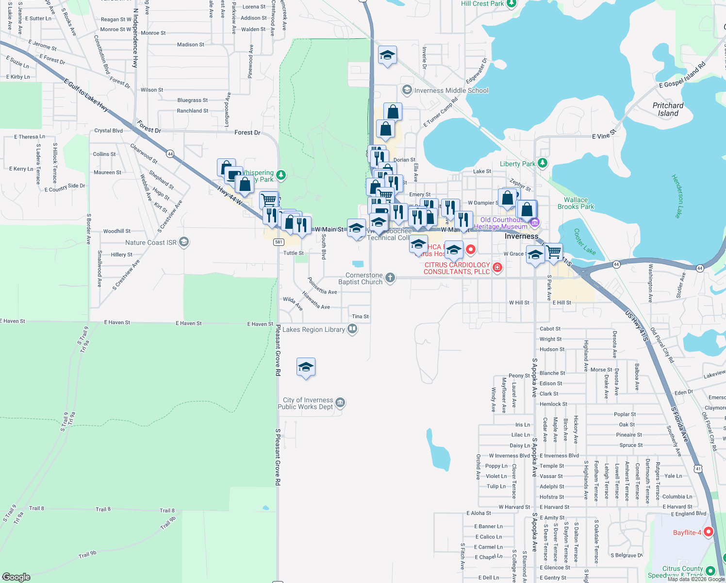 map of restaurants, bars, coffee shops, grocery stores, and more near 522 Poinsettia Avenue in Inverness