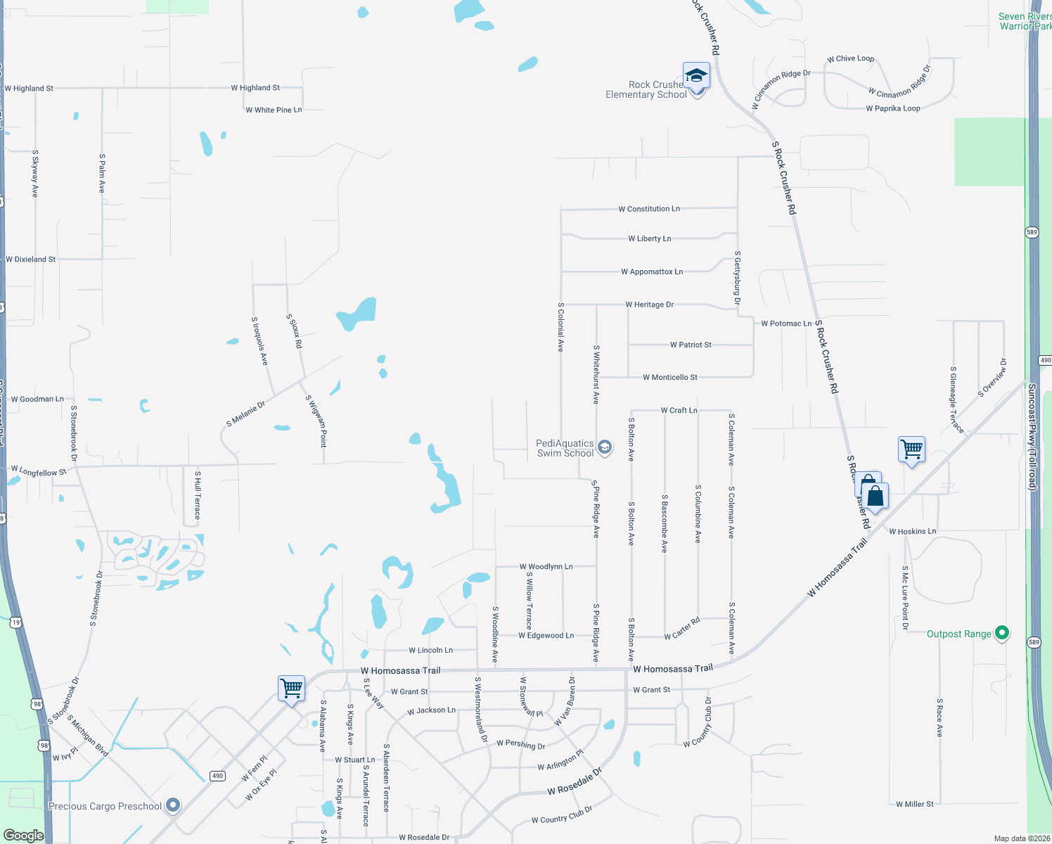 map of restaurants, bars, coffee shops, grocery stores, and more near 2112 South Moonlit Point in Homosassa