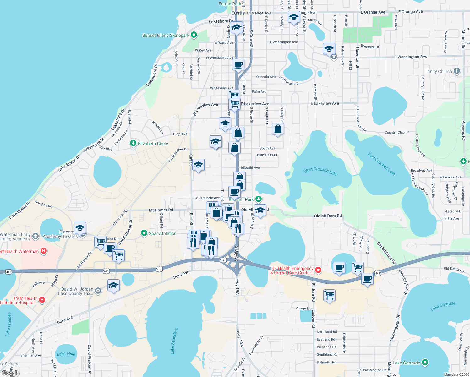 map of restaurants, bars, coffee shops, grocery stores, and more near 2310 South Bay Street in Eustis