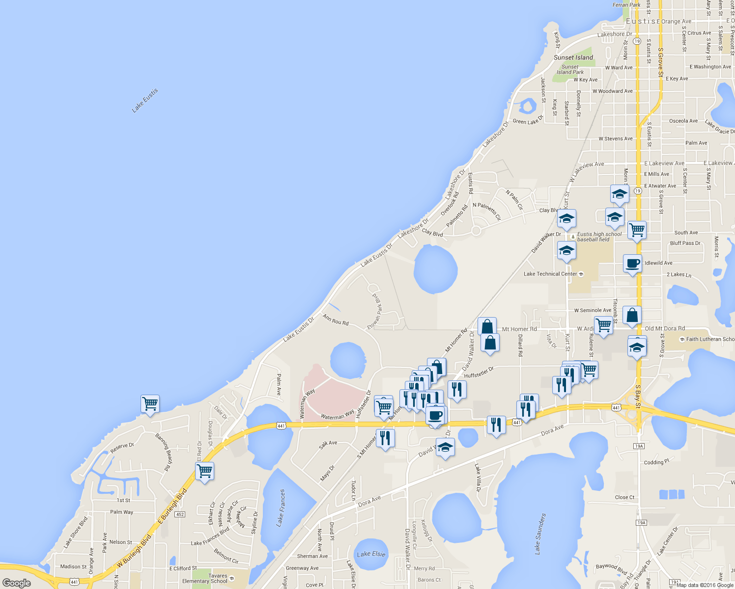 map of restaurants, bars, coffee shops, grocery stores, and more near 2991 Etowah Park Boulevard in Tavares
