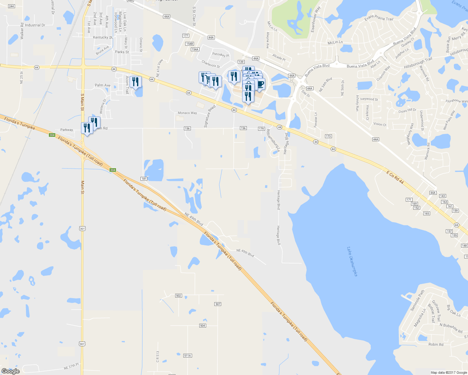 map of restaurants, bars, coffee shops, grocery stores, and more near 4498 Northeast 49th Boulevard in Wildwood