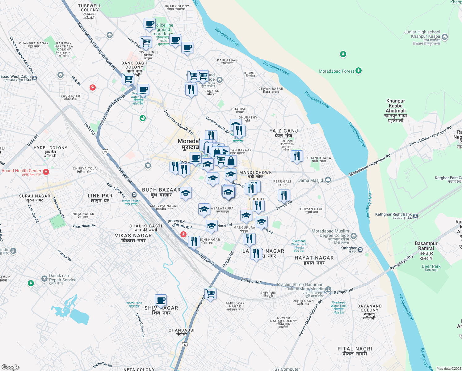 map of restaurants, bars, coffee shops, grocery stores, and more near Seedhi Sarai Road in Moradabad