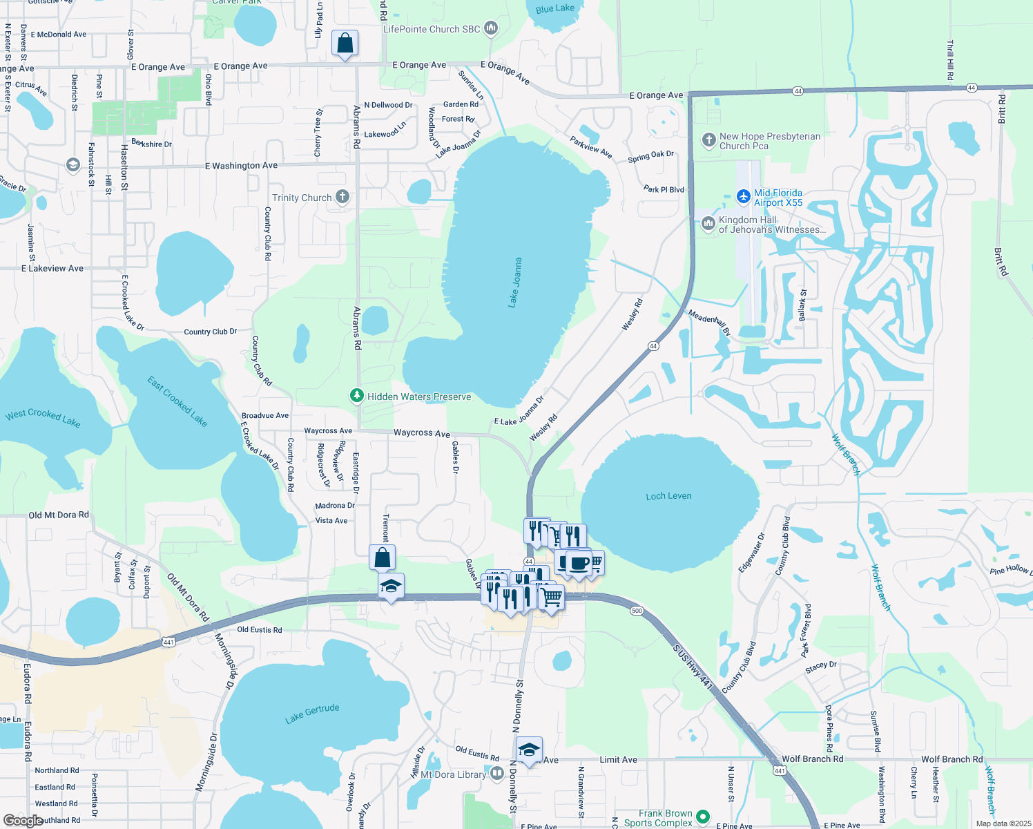 map of restaurants, bars, coffee shops, grocery stores, and more near 33247 East Lake Joanna Drive in Eustis
