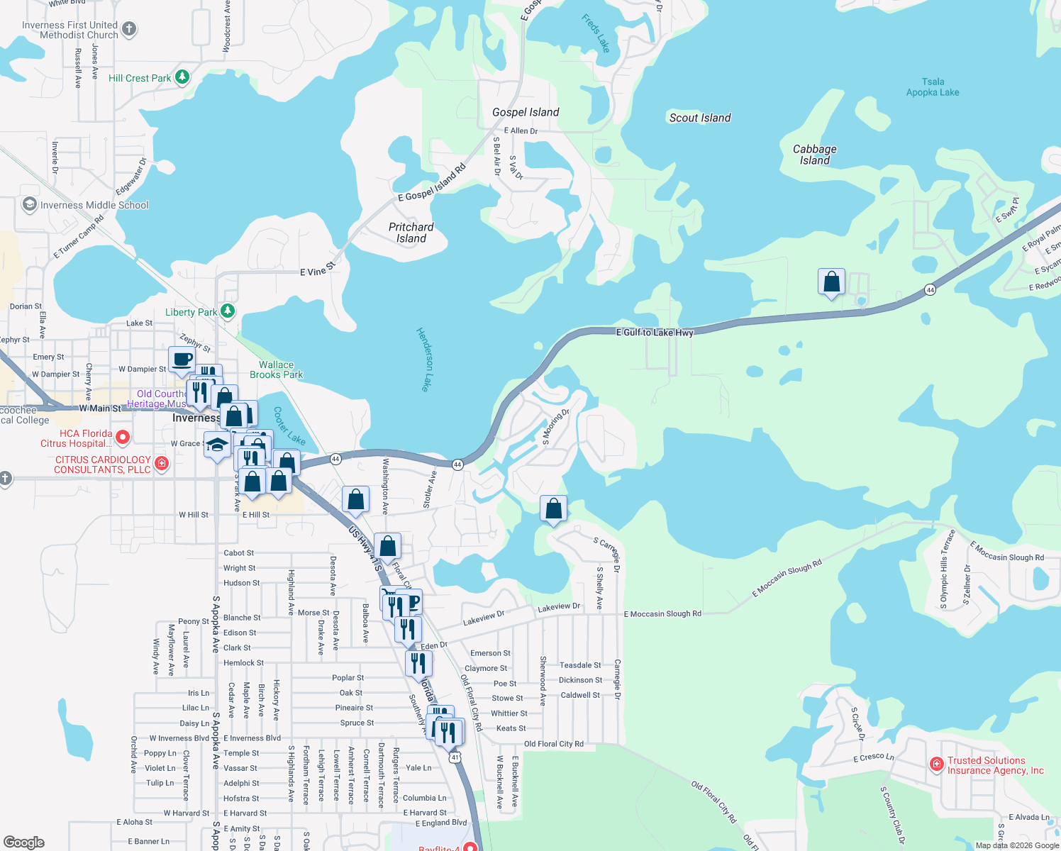 map of restaurants, bars, coffee shops, grocery stores, and more near 1885 South Westlake Drive in Inverness