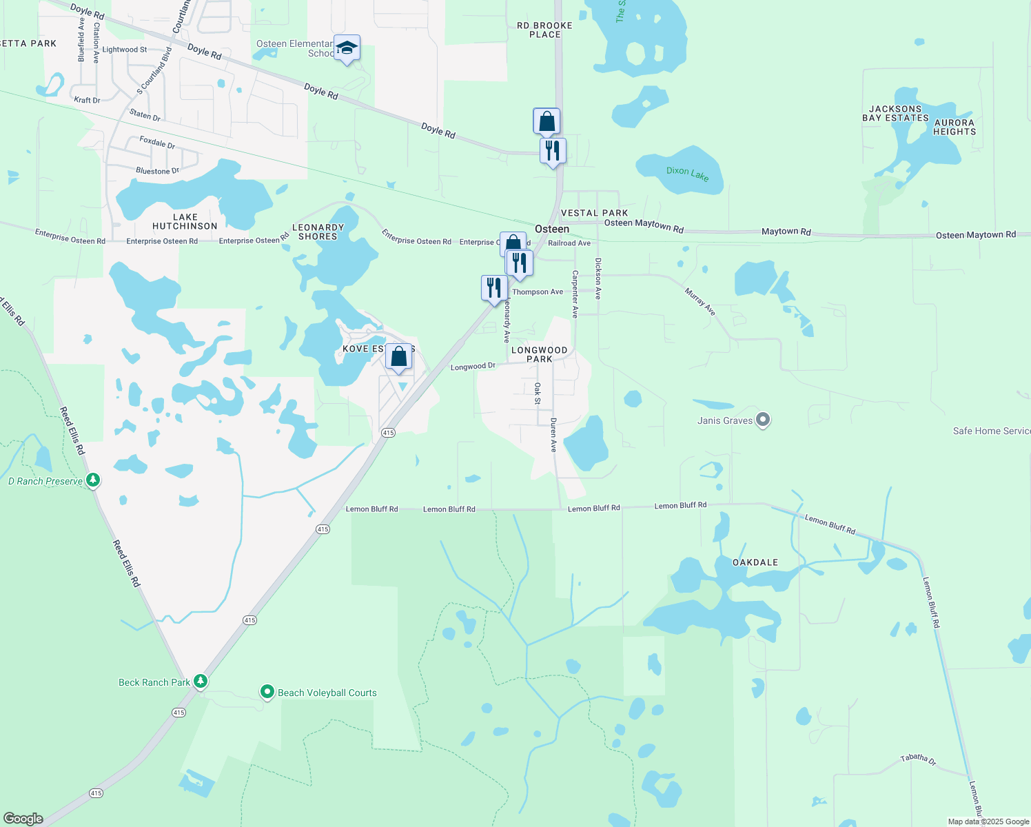 map of restaurants, bars, coffee shops, grocery stores, and more near 221 3rd Street in Osteen