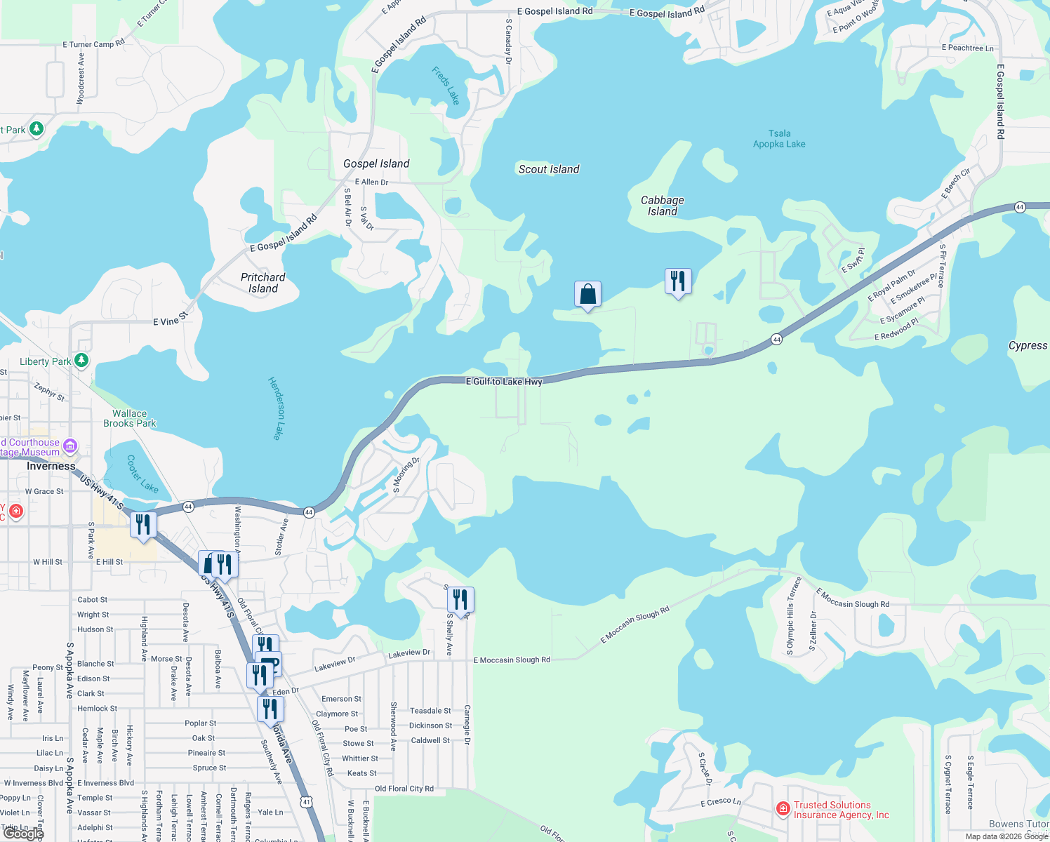 map of restaurants, bars, coffee shops, grocery stores, and more near 1672 South Canary Terrace in Inverness