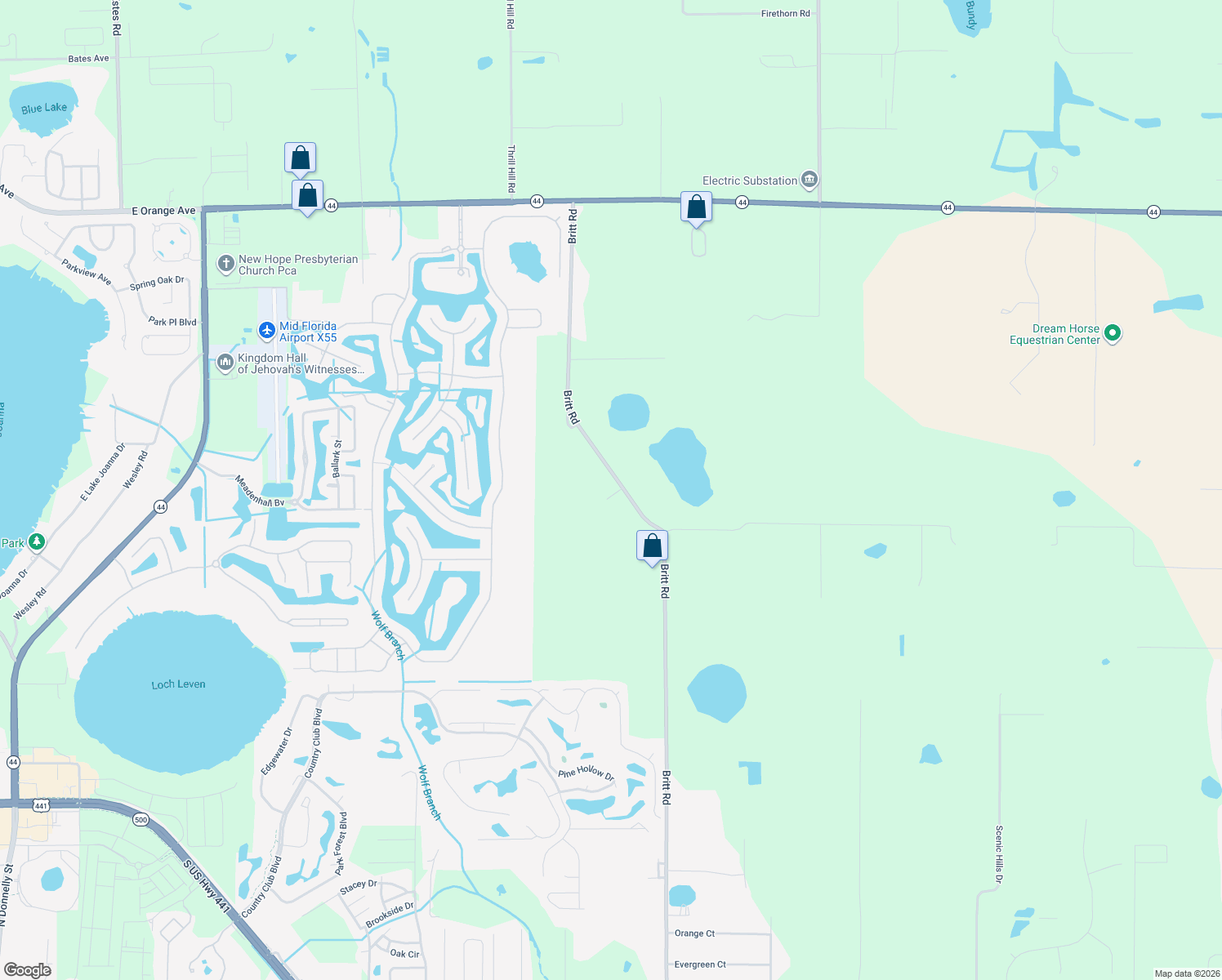 map of restaurants, bars, coffee shops, grocery stores, and more near 4307 Britt Road in Mount Dora