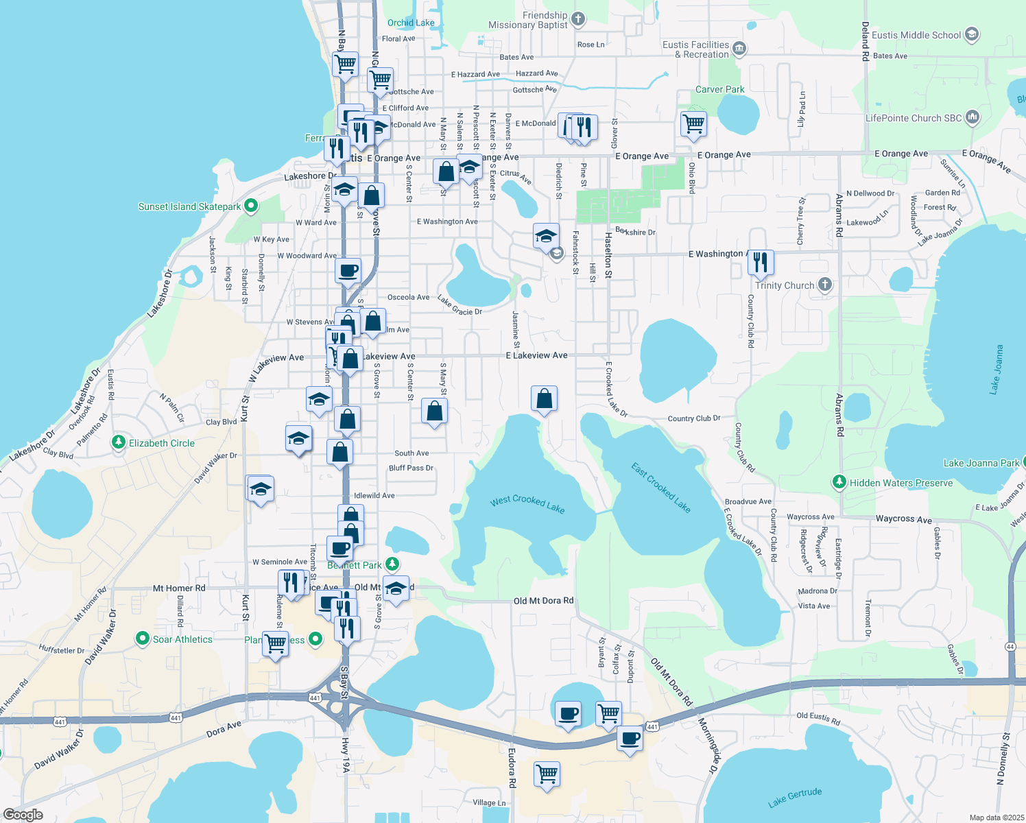 map of restaurants, bars, coffee shops, grocery stores, and more near 1220 West Crooked Lake Place in Eustis