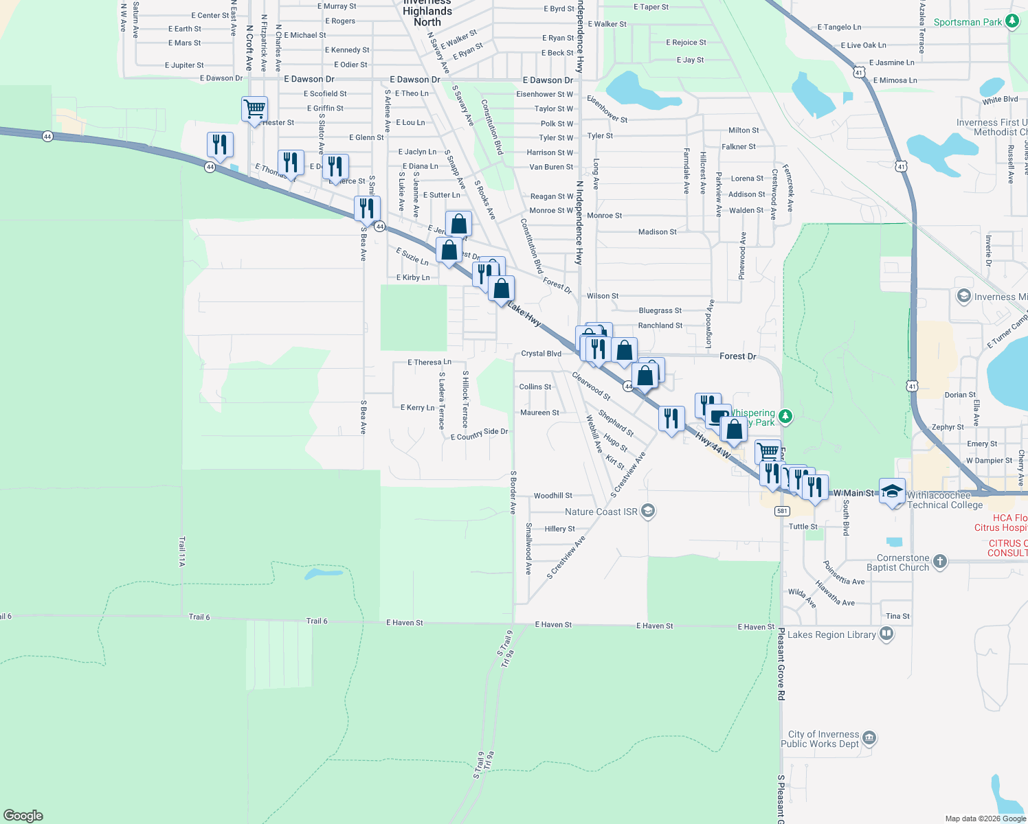 map of restaurants, bars, coffee shops, grocery stores, and more near 1529 South Border Avenue in Inverness