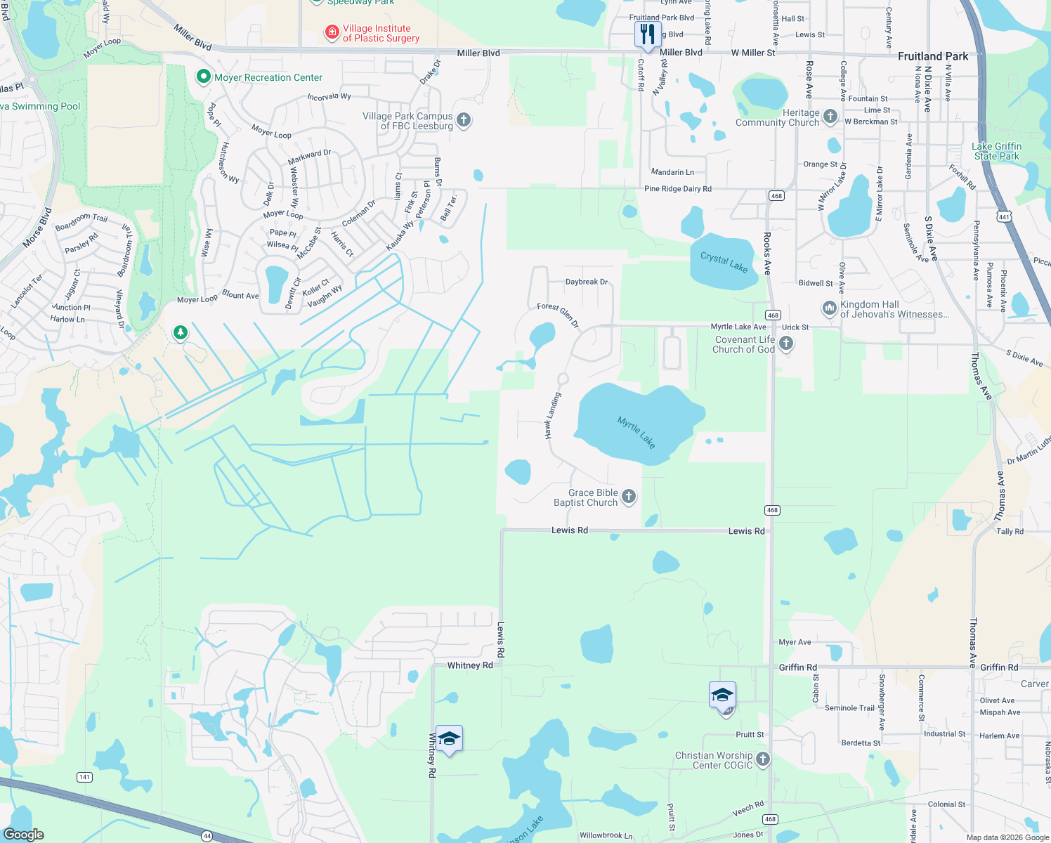 map of restaurants, bars, coffee shops, grocery stores, and more near 1060 Otter Court in Fruitland Park
