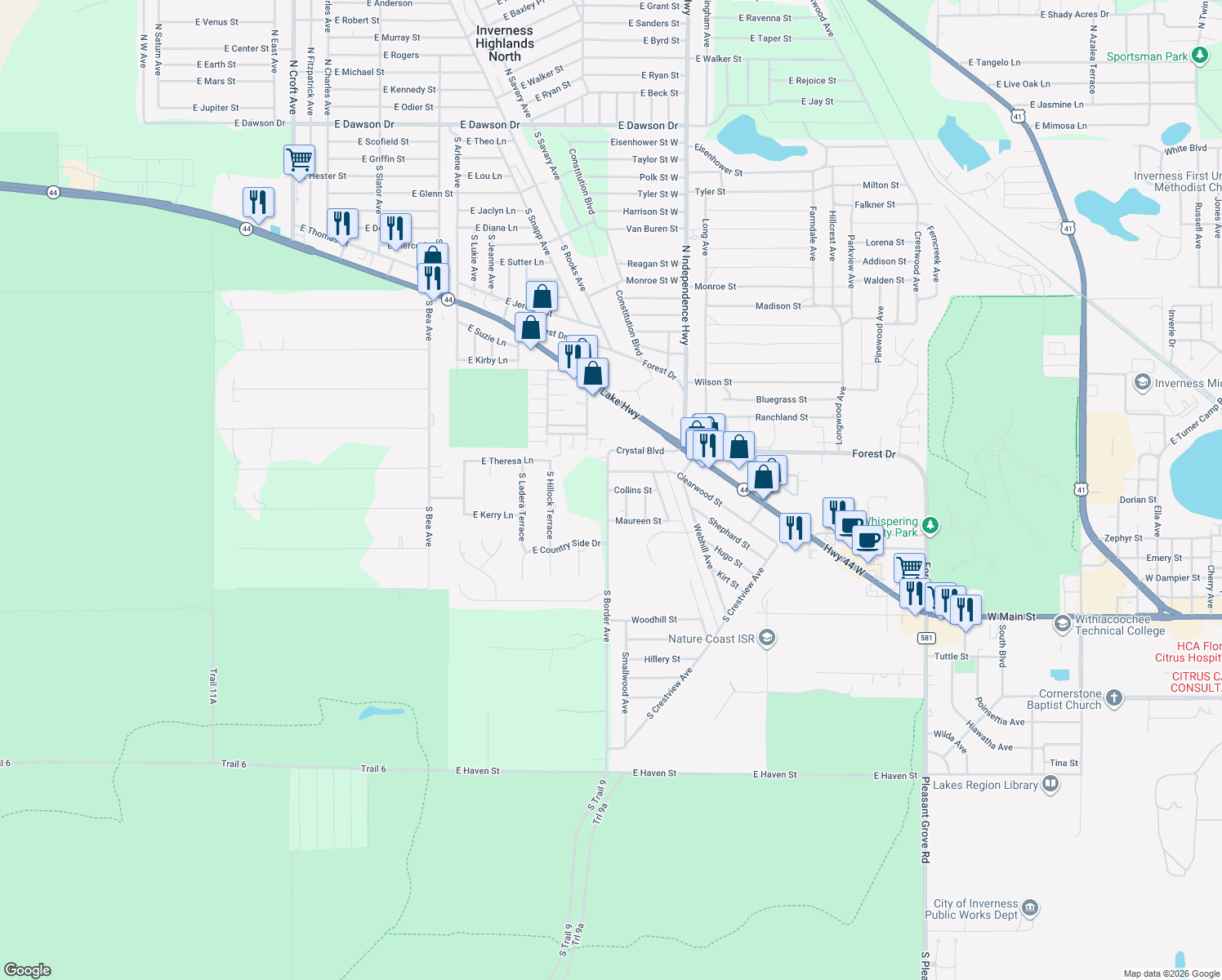 map of restaurants, bars, coffee shops, grocery stores, and more near 3008 Collins Street in Inverness