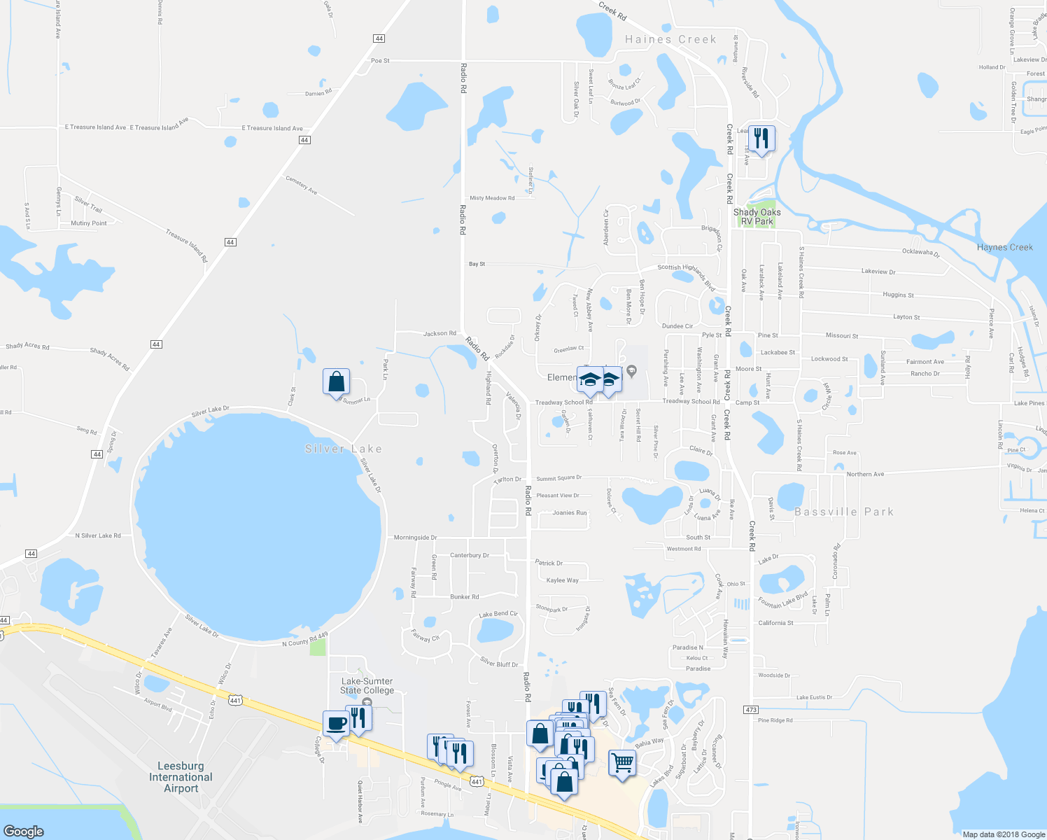 map of restaurants, bars, coffee shops, grocery stores, and more near 33916 Valencia Drive in Leesburg