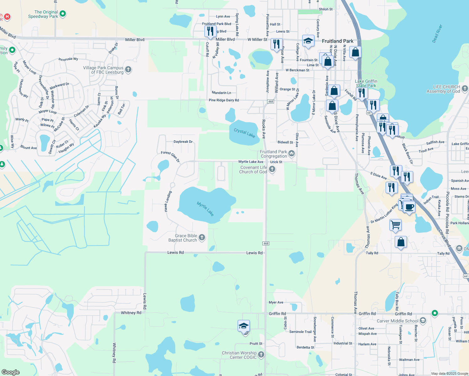 map of restaurants, bars, coffee shops, grocery stores, and more near 34012 Stephenson Lane in Fruitland Park