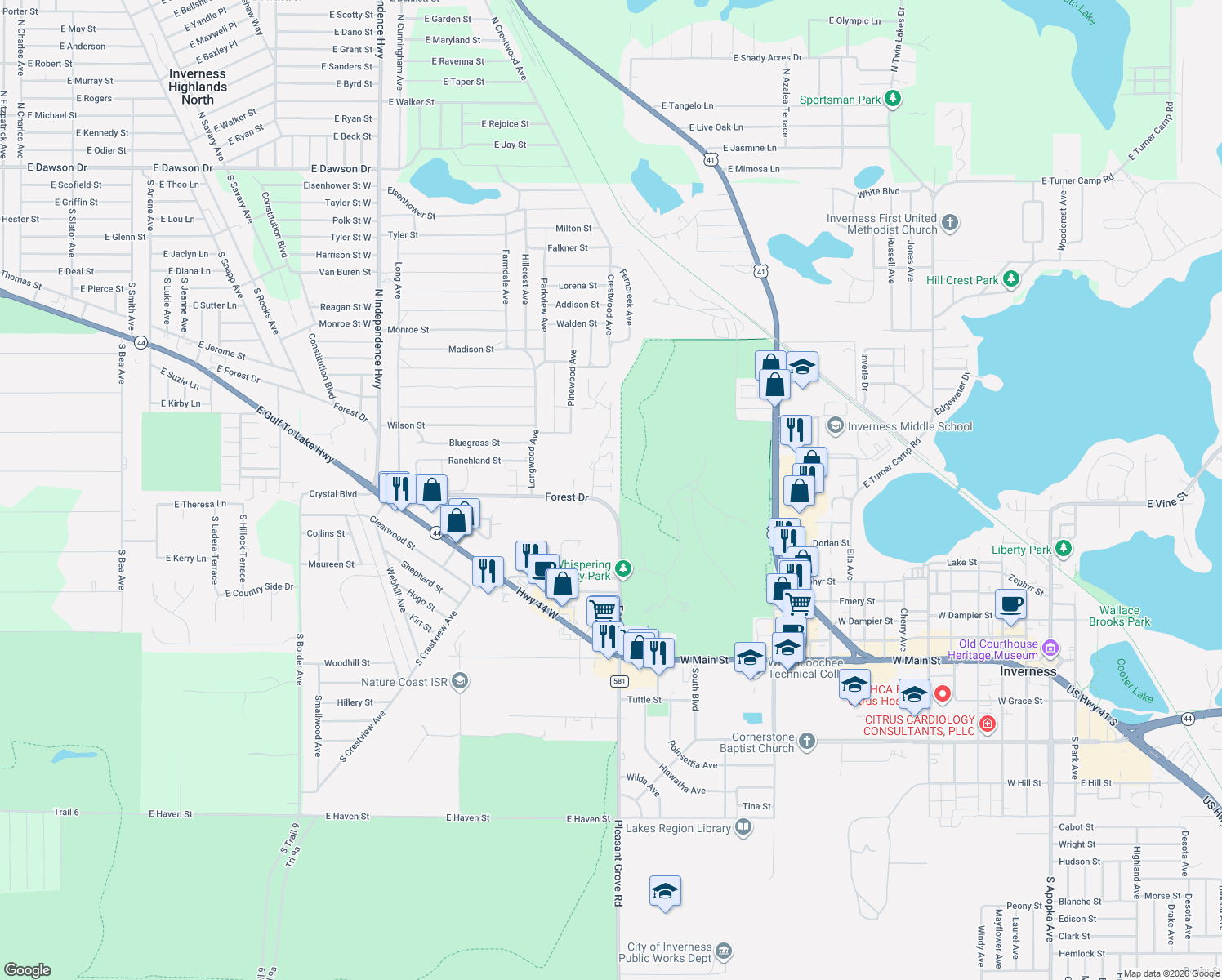 map of restaurants, bars, coffee shops, grocery stores, and more near 1857 Arrowwood Lane in Inverness