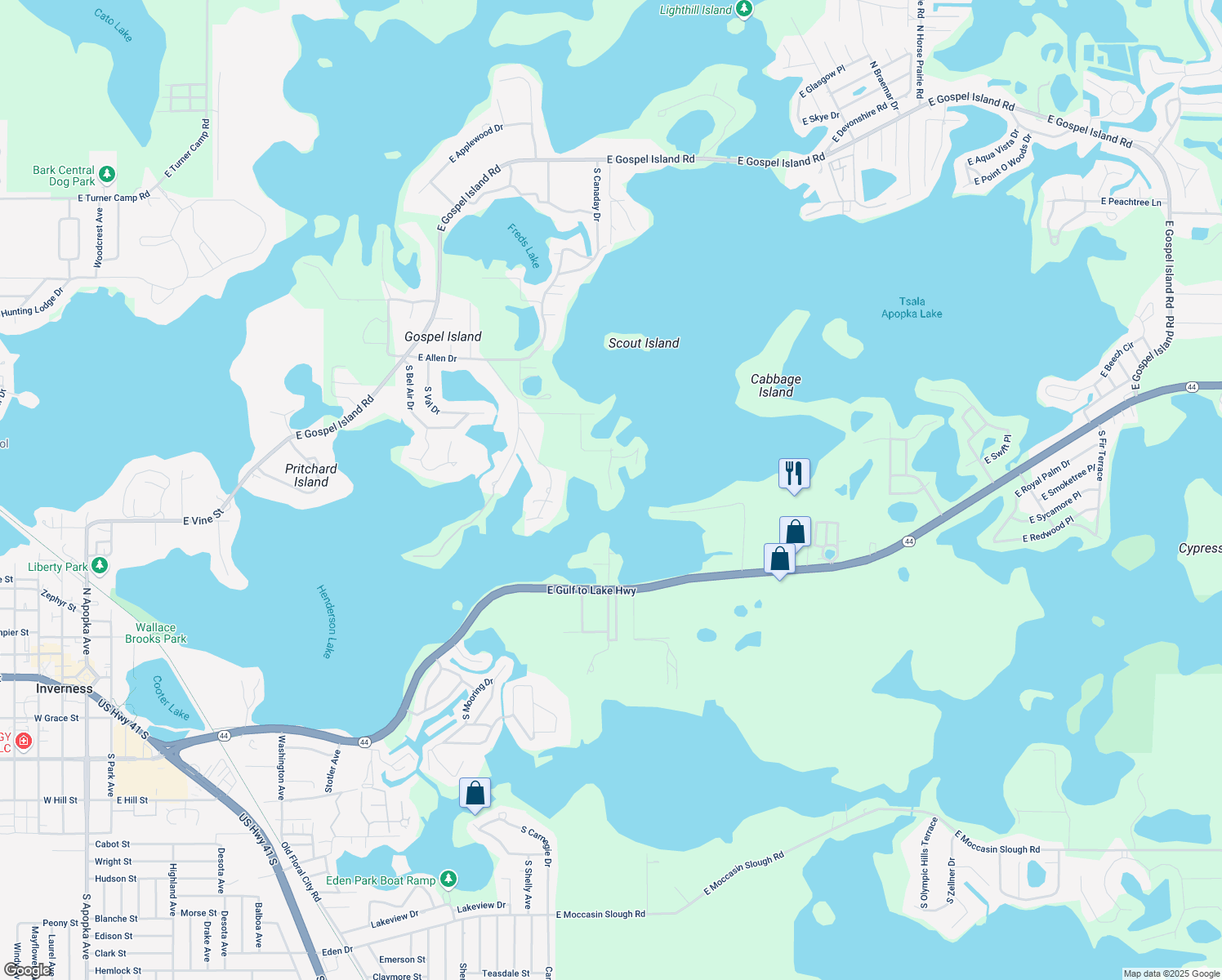 map of restaurants, bars, coffee shops, grocery stores, and more near 1226 South Telephone Point Road in Inverness