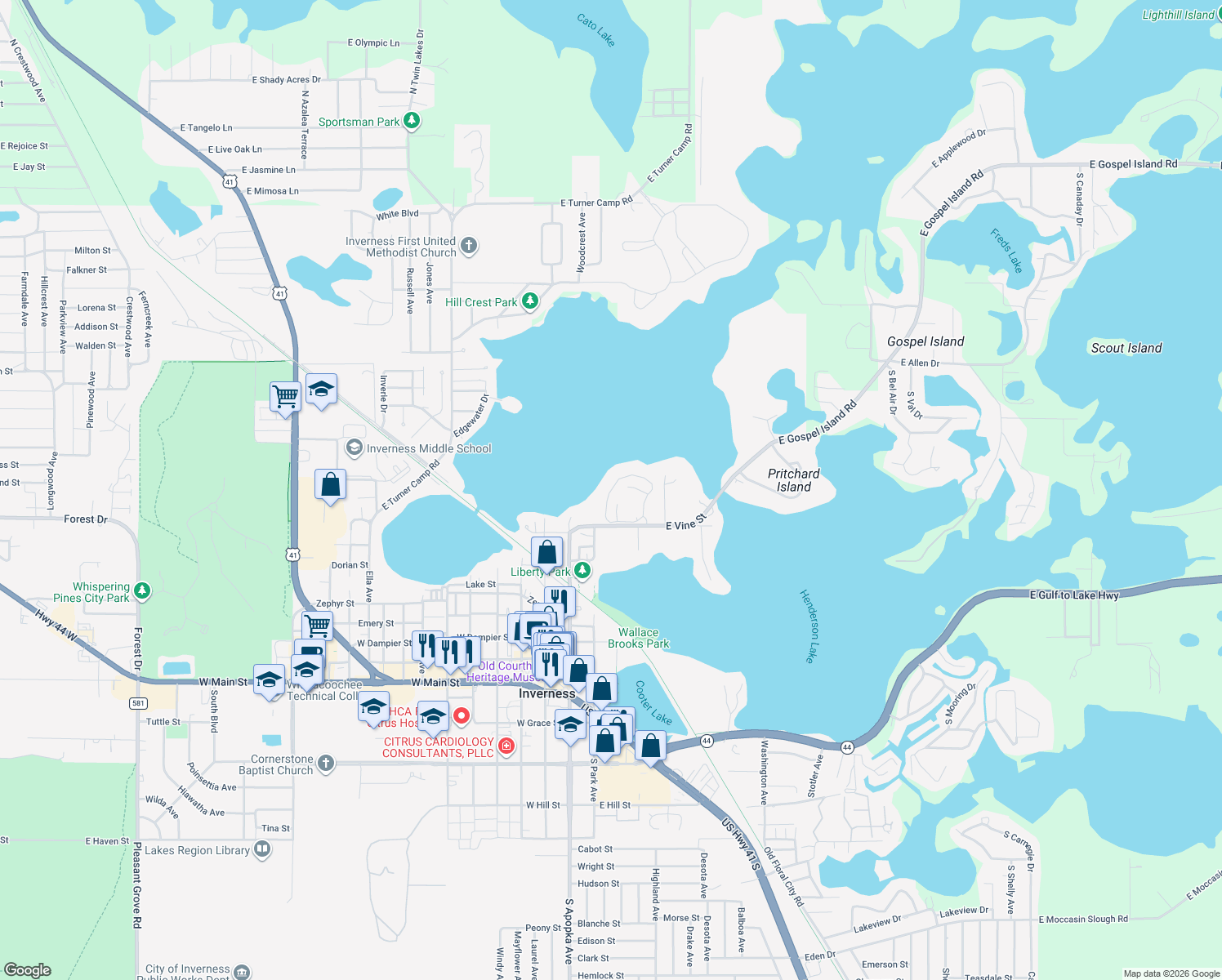map of restaurants, bars, coffee shops, grocery stores, and more near 564 San Remo Circle in Inverness