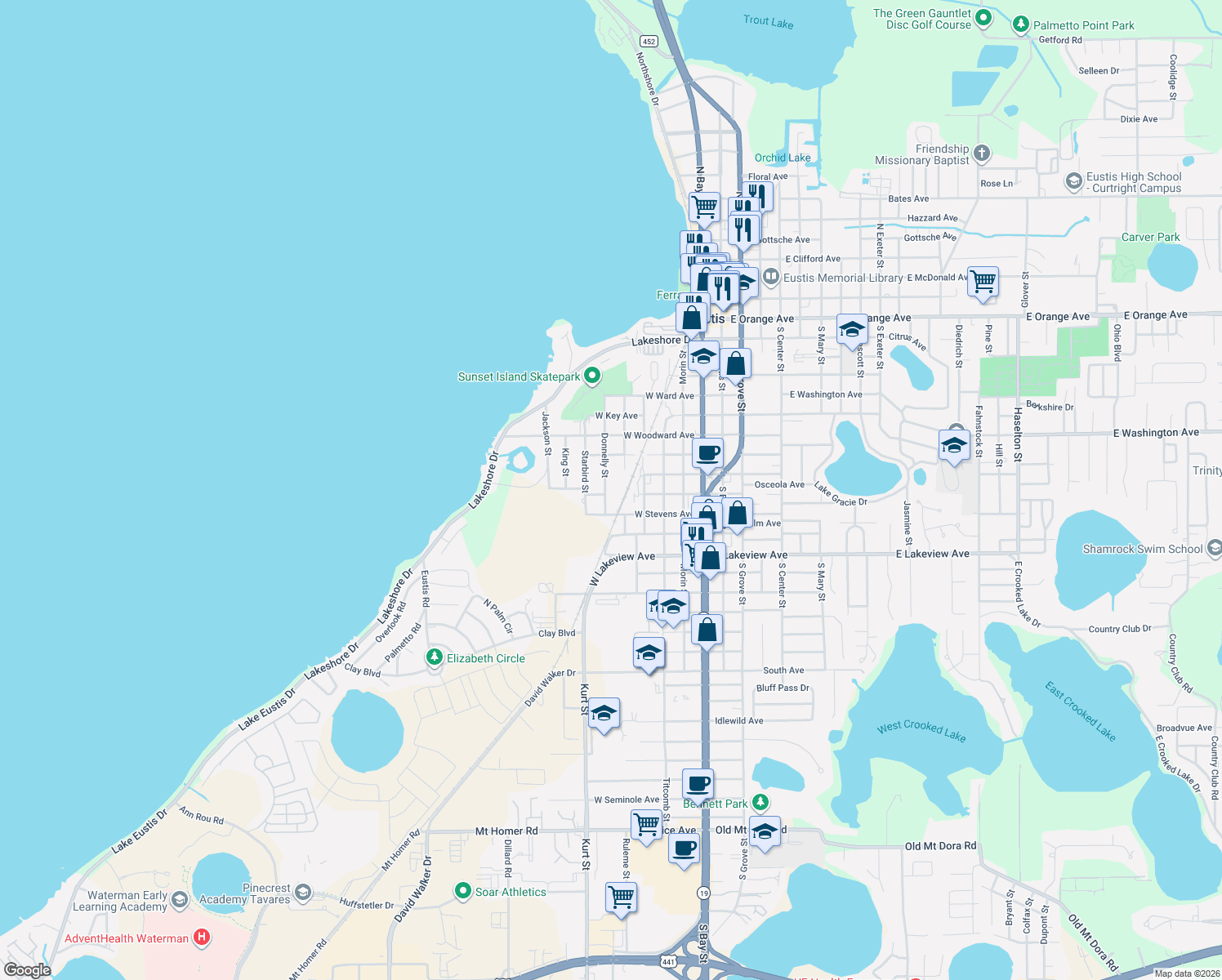 map of restaurants, bars, coffee shops, grocery stores, and more near 805 Donnelly Street in Eustis