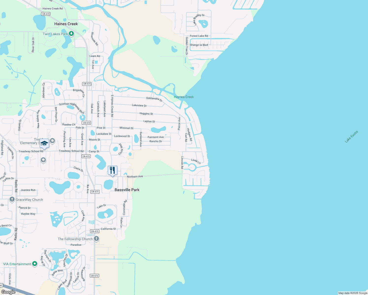 map of restaurants, bars, coffee shops, grocery stores, and more near 34023 Carl Road in Leesburg
