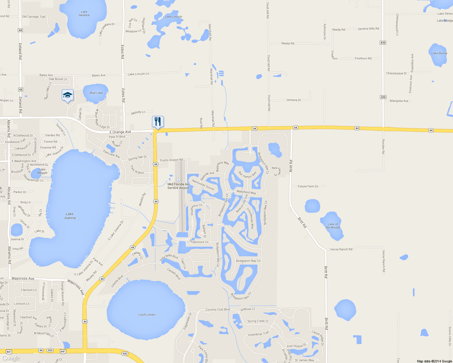 map of restaurants, bars, coffee shops, grocery stores, and more near 8904 Bridgeport Bay Circle in Mount Dora