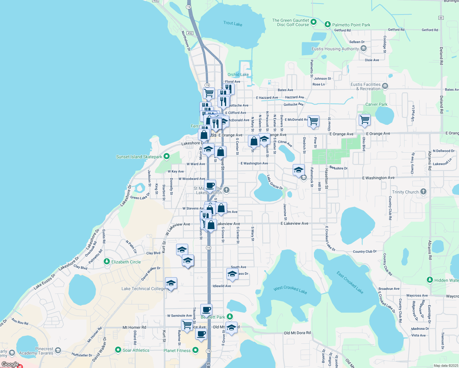 map of restaurants, bars, coffee shops, grocery stores, and more near 235 East Badger Avenue in Eustis