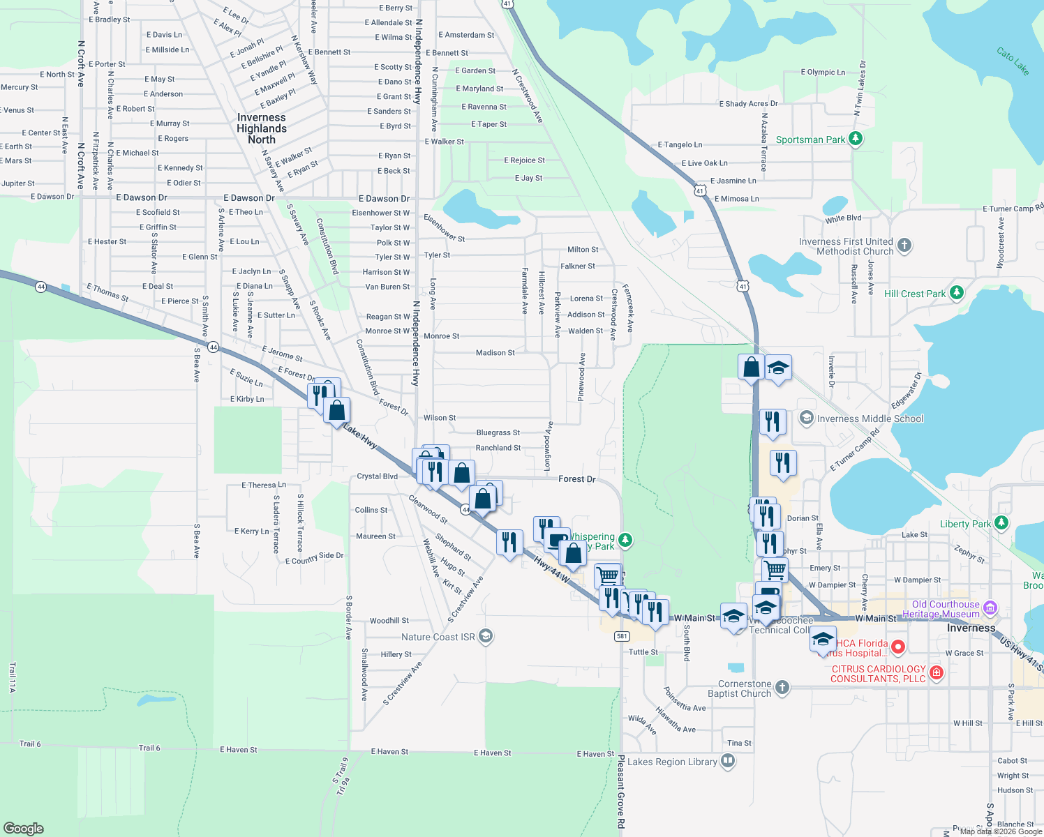 map of restaurants, bars, coffee shops, grocery stores, and more near 2217 Wilson Street in Inverness