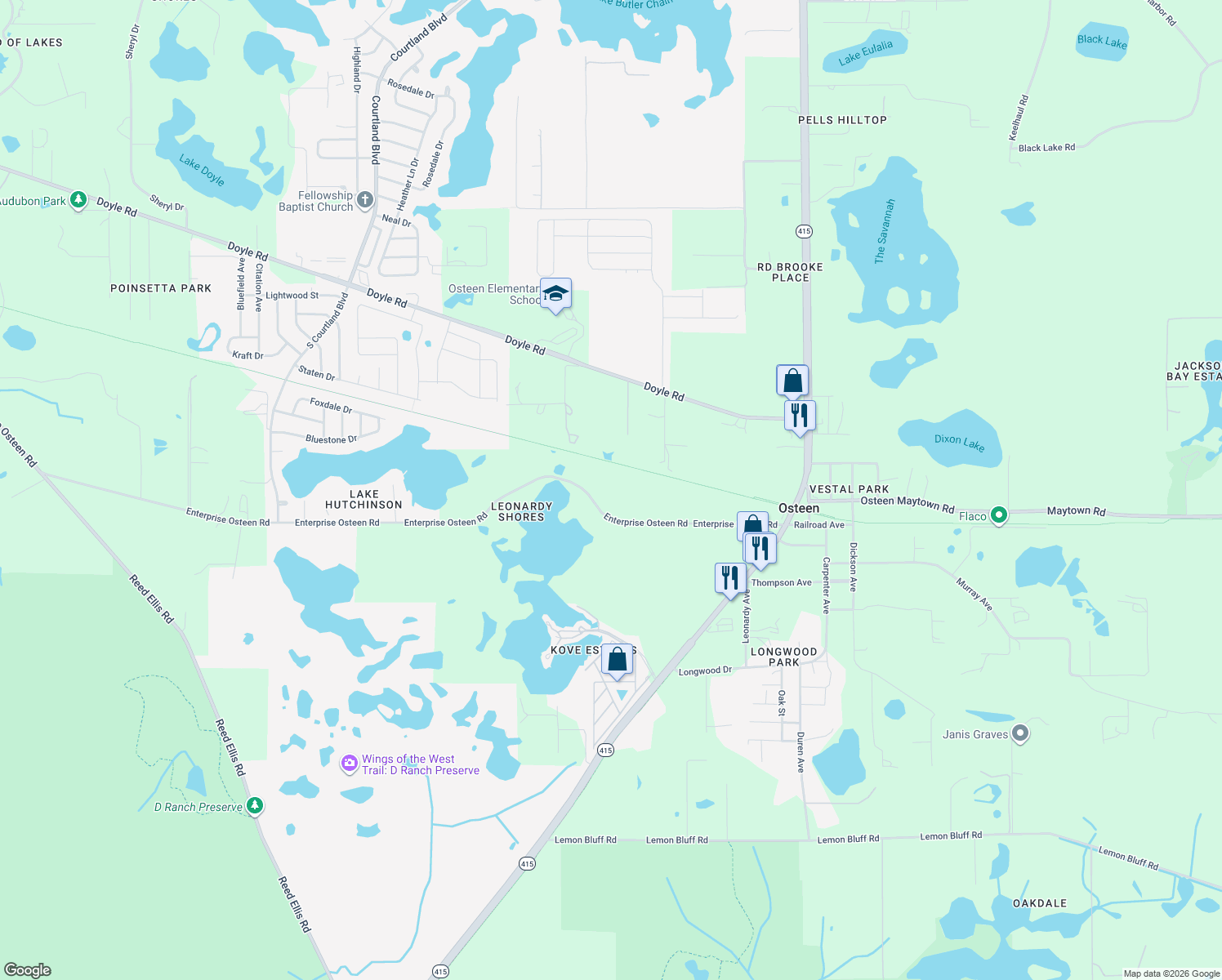 map of restaurants, bars, coffee shops, grocery stores, and more near 360 Enterprise Osteen Road in Osteen