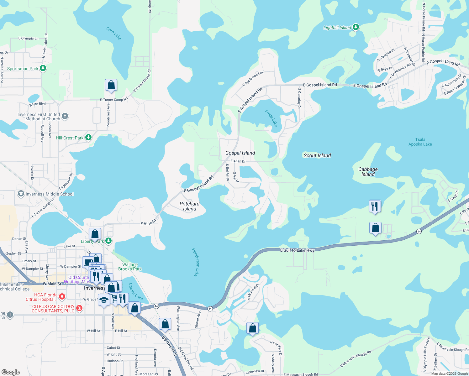 map of restaurants, bars, coffee shops, grocery stores, and more near 1010 South Bel Air Drive in Inverness