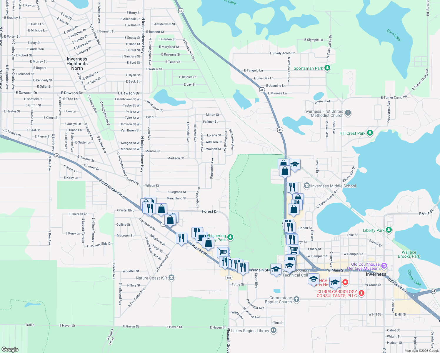 map of restaurants, bars, coffee shops, grocery stores, and more near 701 Whispering Pines Boulevard in Inverness