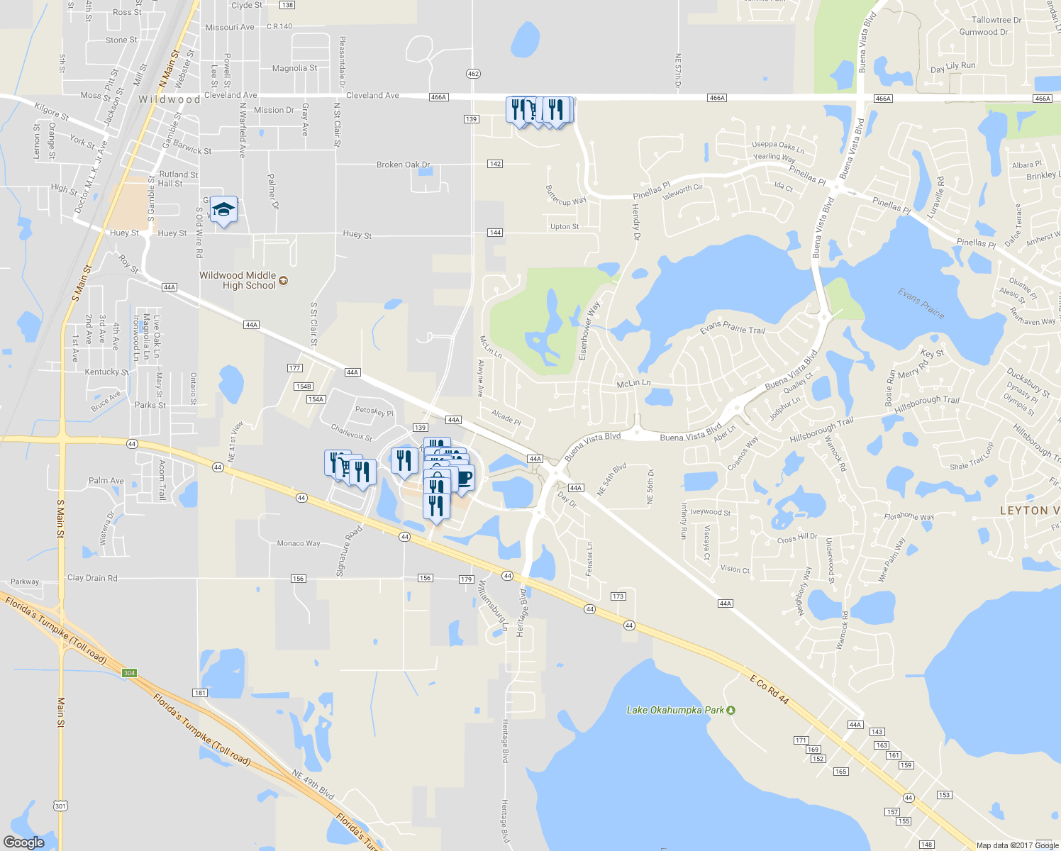map of restaurants, bars, coffee shops, grocery stores, and more near 2527 Alcade Place in The Villages
