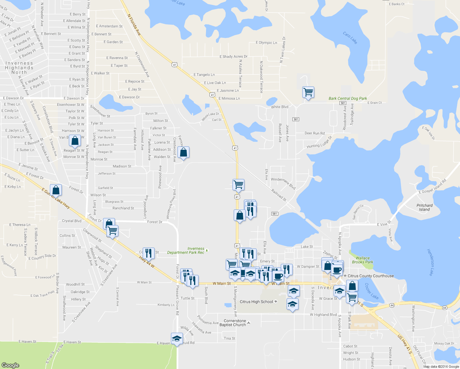 map of restaurants, bars, coffee shops, grocery stores, and more near 1975 Piper Lane in Inverness