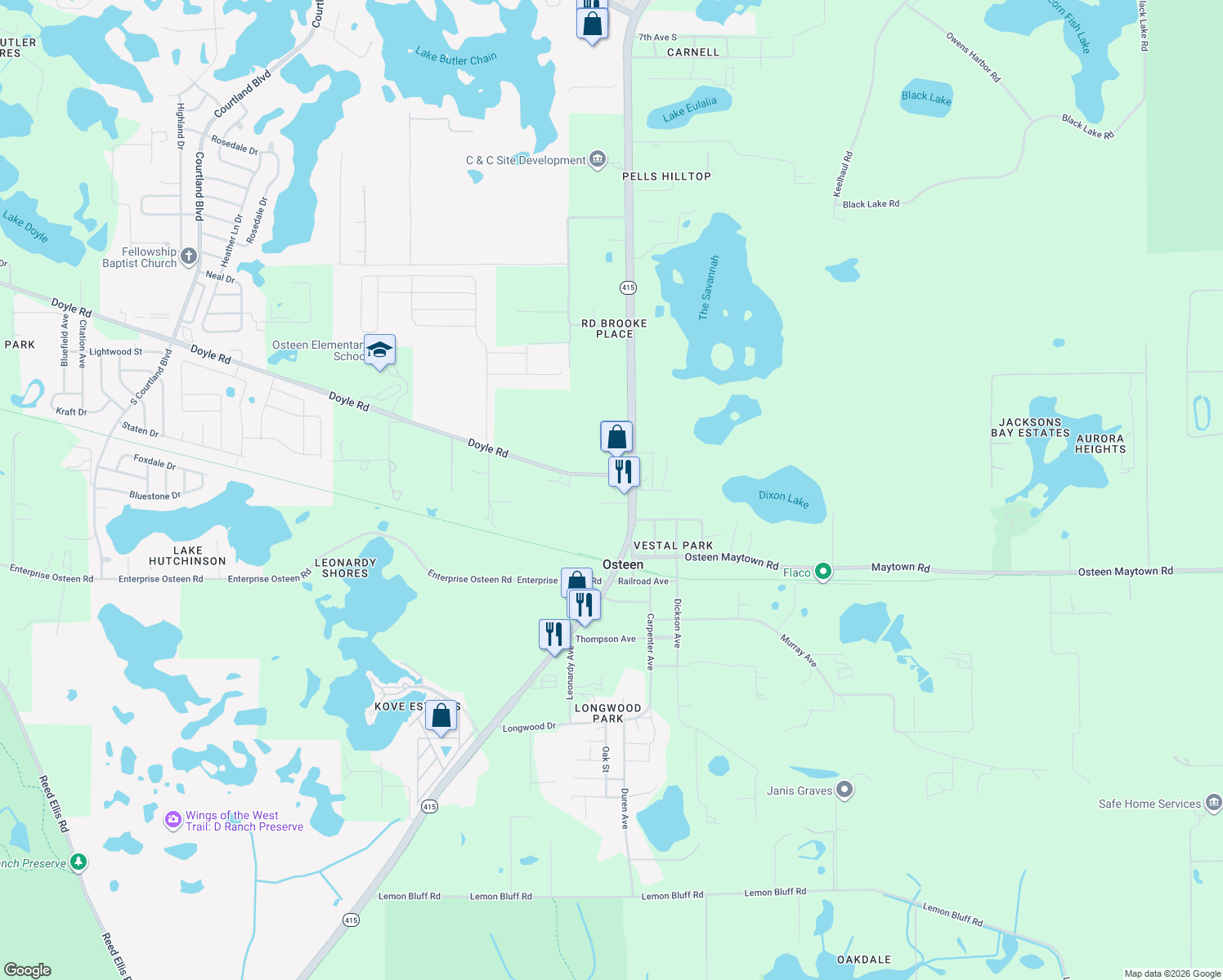 map of restaurants, bars, coffee shops, grocery stores, and more near 101 Doyle Road in Osteen
