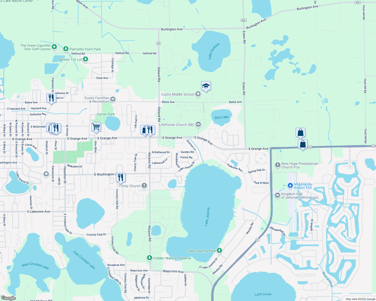 map of restaurants, bars, coffee shops, grocery stores, and more near 3007 Garden Road in Eustis