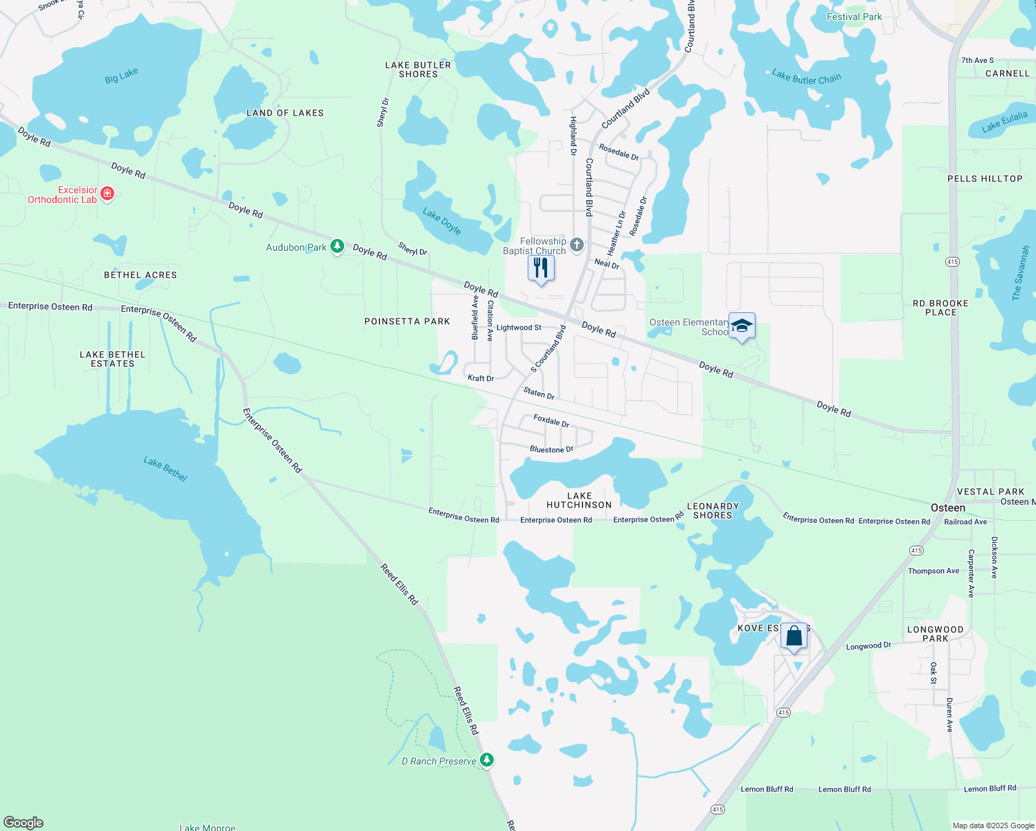 map of restaurants, bars, coffee shops, grocery stores, and more near 2752 Foxdale Drive in Deltona