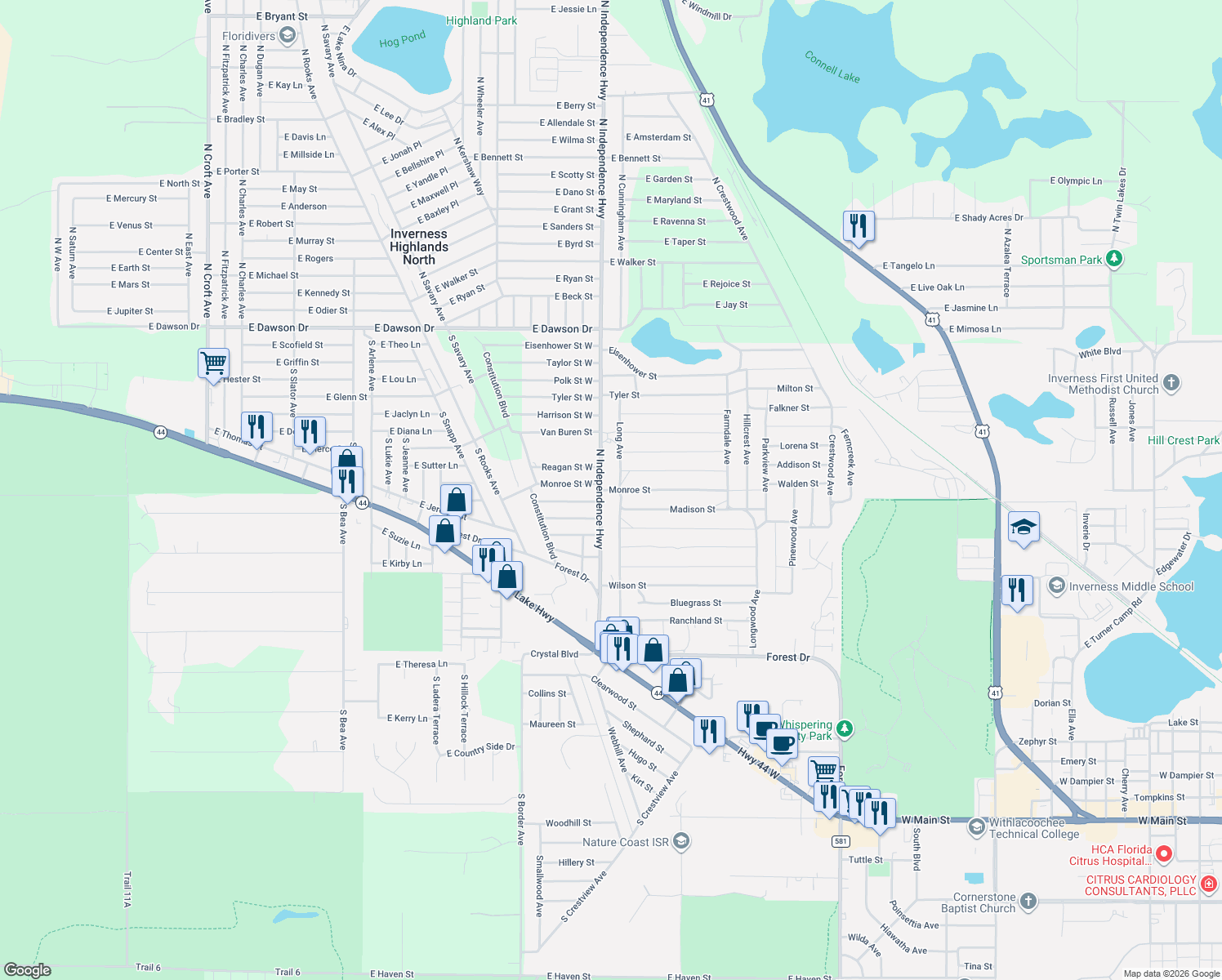 map of restaurants, bars, coffee shops, grocery stores, and more near 2615 Monroe Street in Inverness