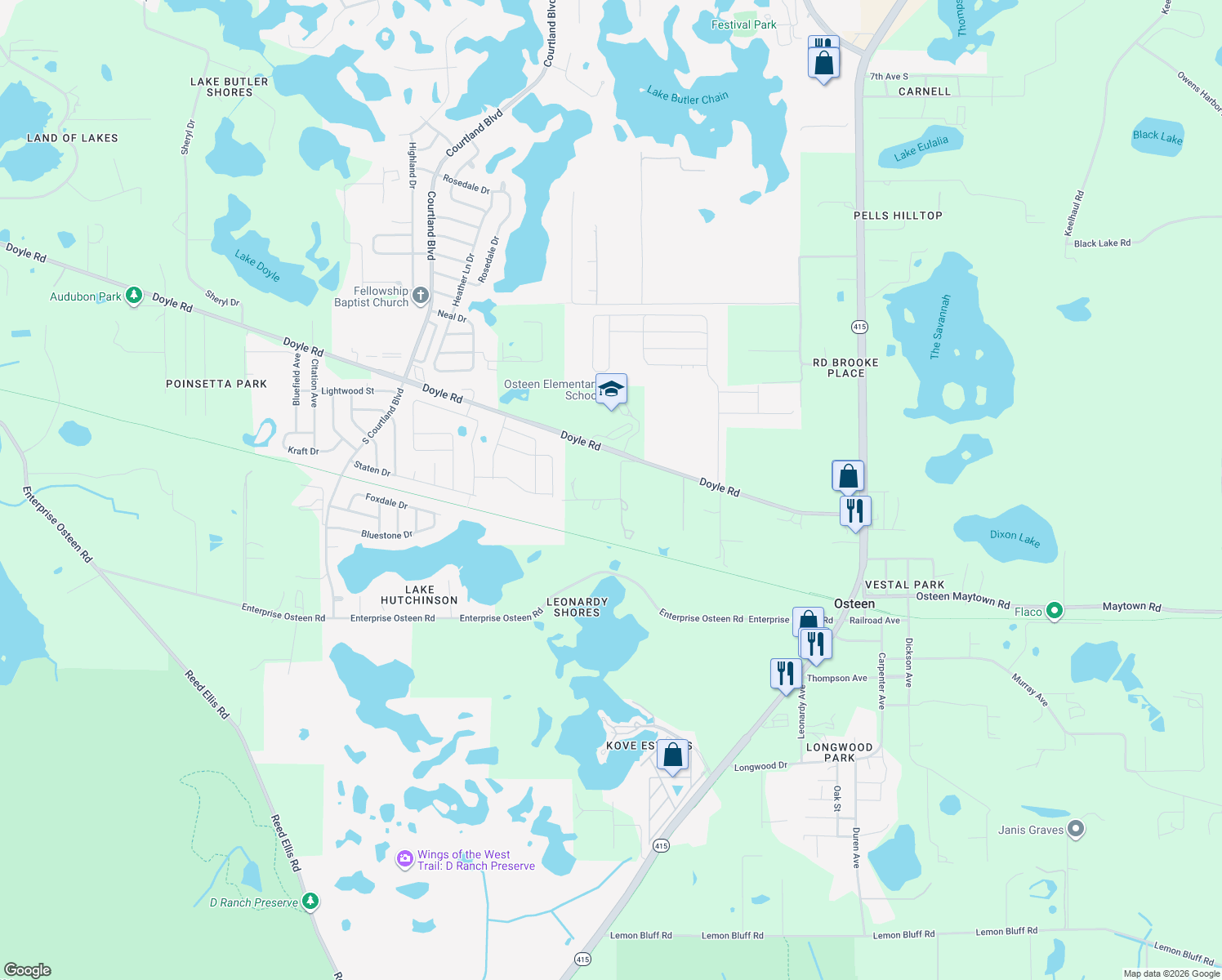 map of restaurants, bars, coffee shops, grocery stores, and more near 150 Bull Run Avenue in Osteen